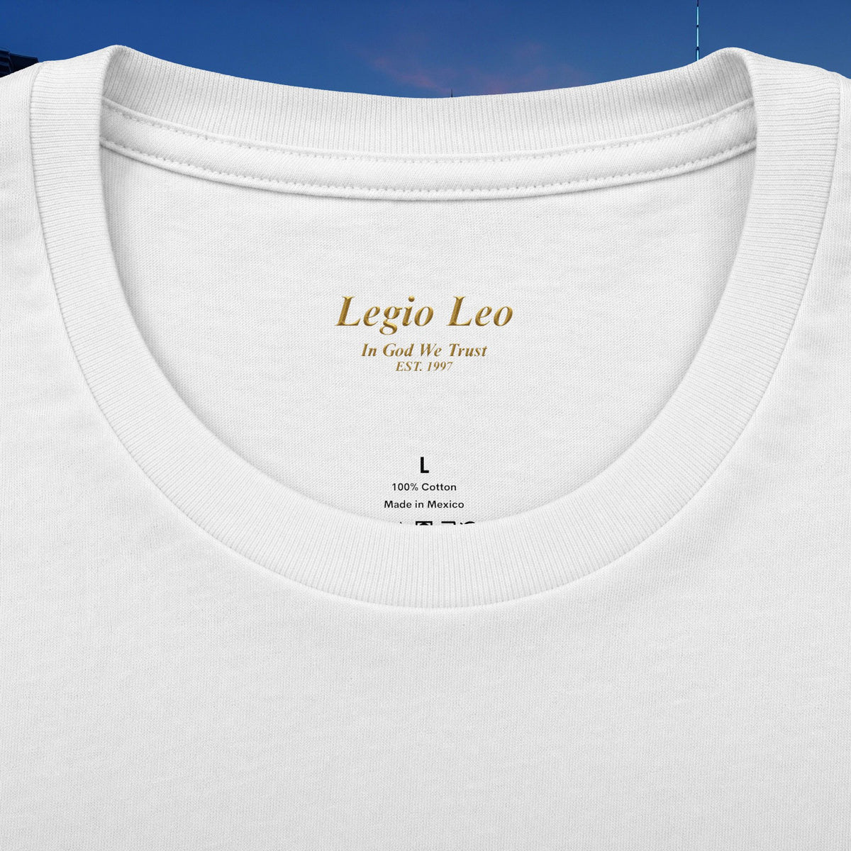 Legio Leo Vertical Logo Tee — "In God We Trust" Cotton Crew