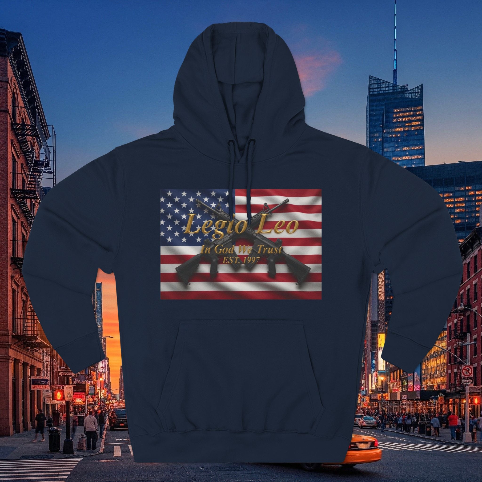 Legio Leo American Flag Fleece Hoodie – Minimal Gold Script Pullover Warrior Design