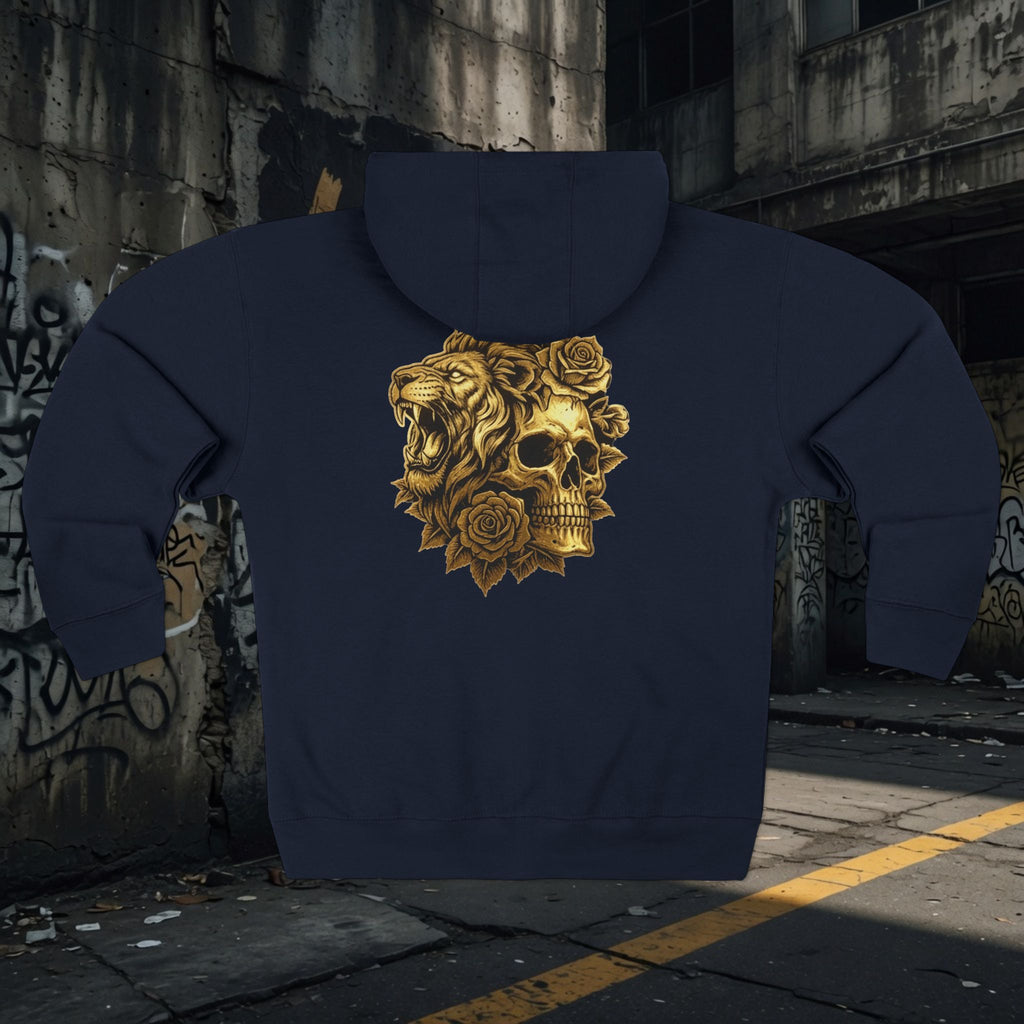 Zip Hoodie — Legio Leo Lion & Skull Graphic Zip-Up with “In God We Trust” Text