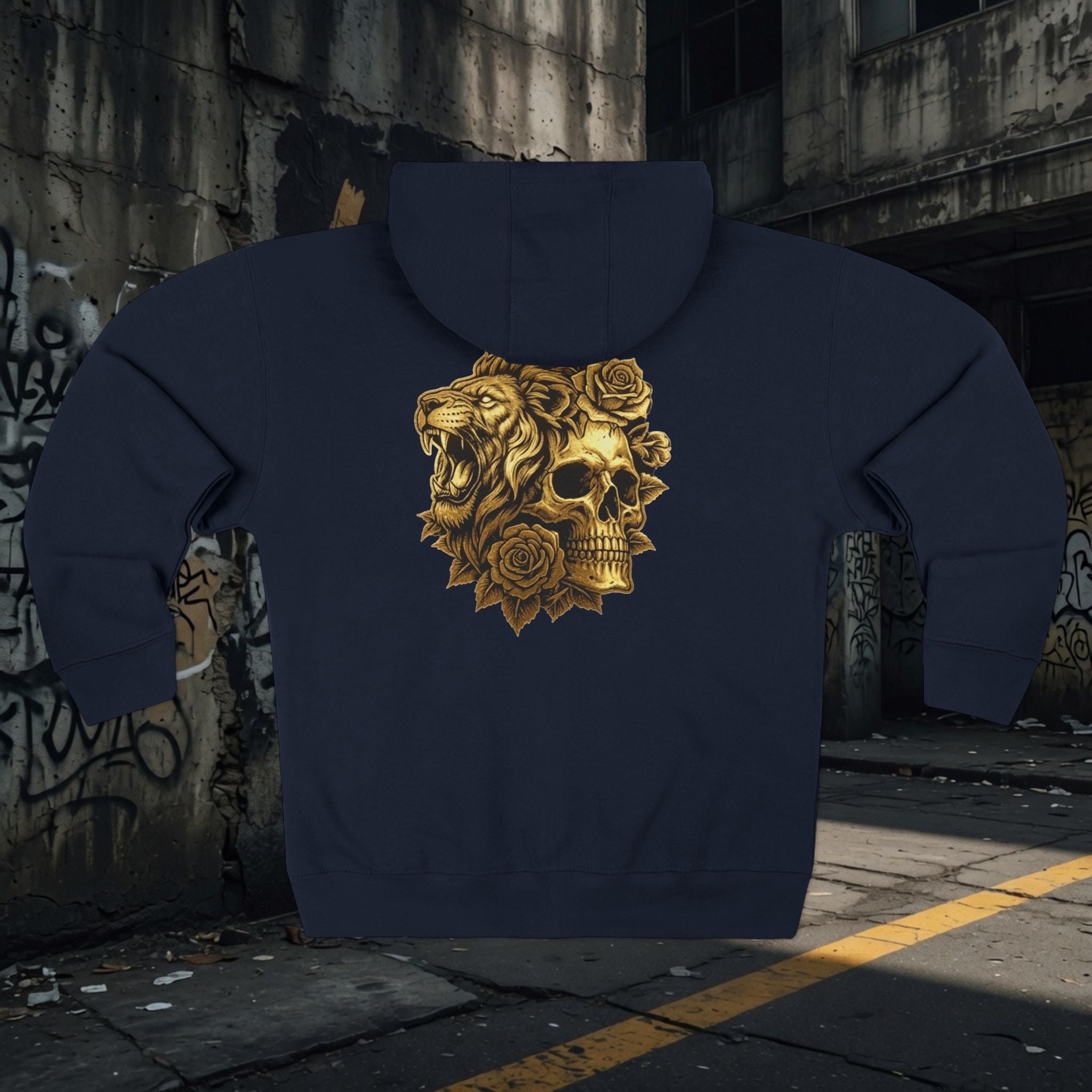 Zip Hoodie — Legio Leo Lion & Skull Graphic Zip-Up with “In God We Trust” Text