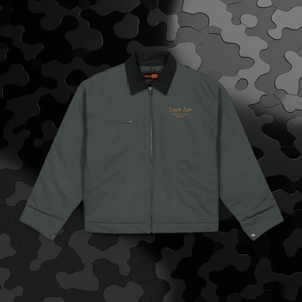 Legio Leo Duck Cloth Work Jacket — Durable Black Canvas Utility Coat | In God We Trust Embroidery