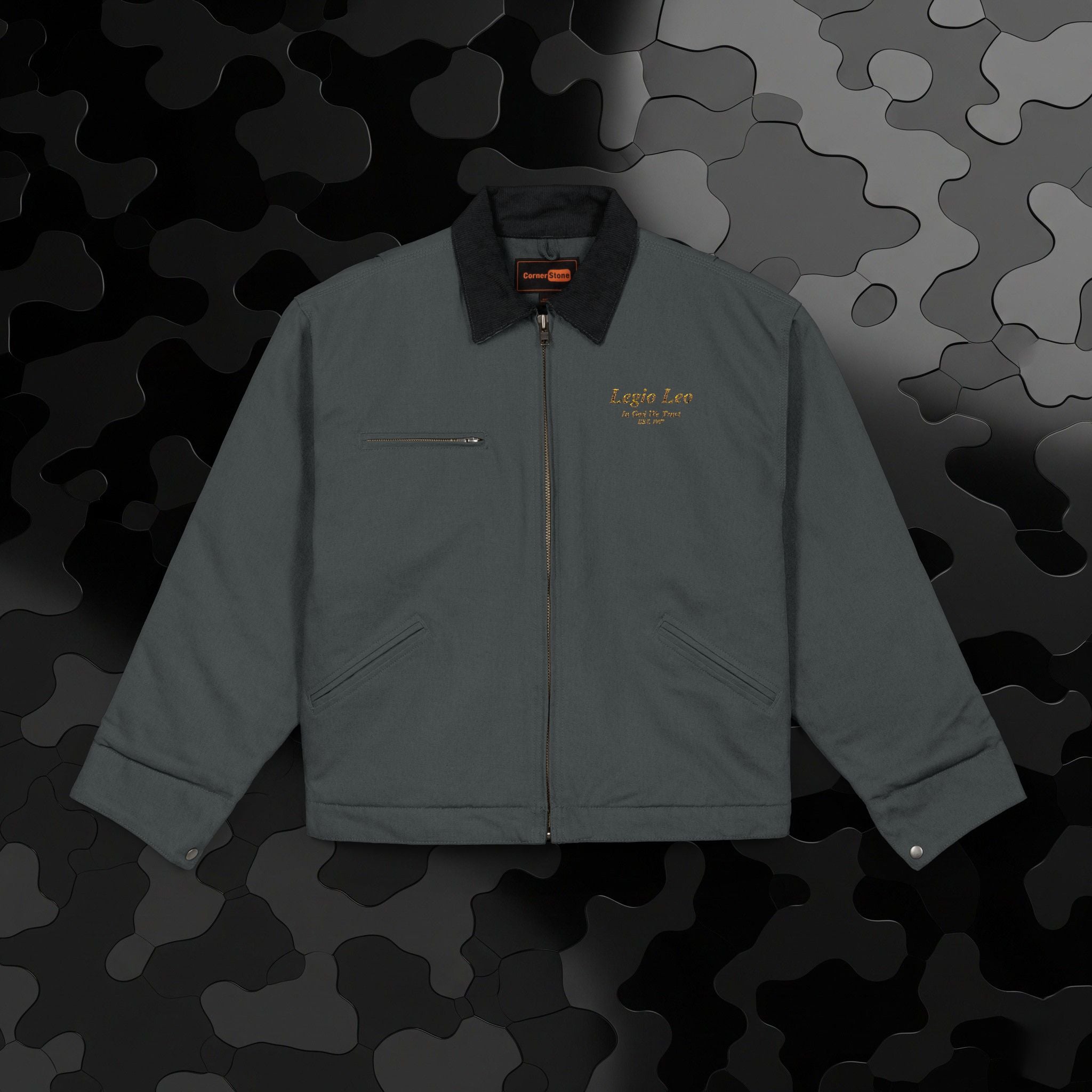 Legio Leo Duck Cloth Work Jacket — Durable Black Canvas Utility Coat | In God We Trust Embroidery