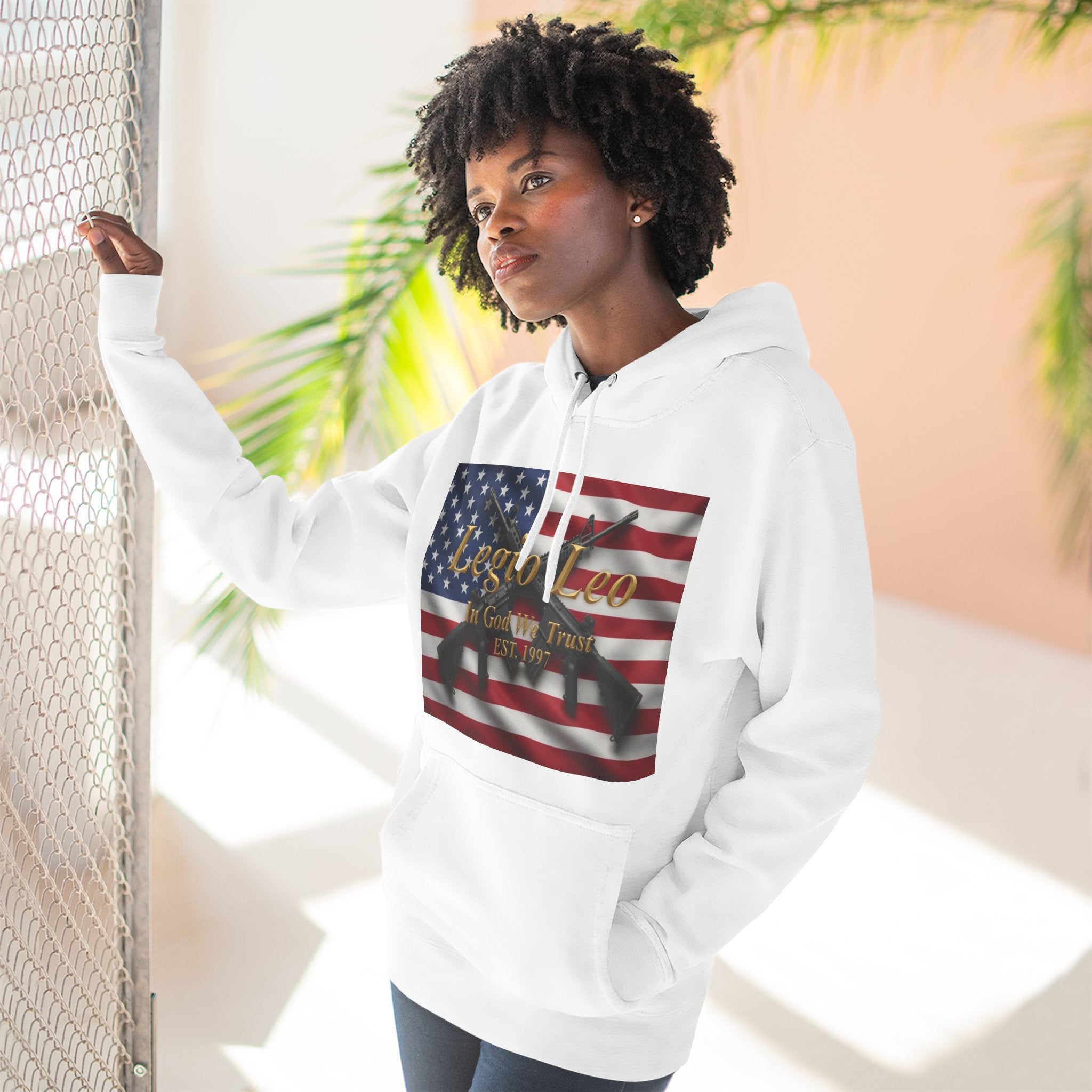 Legio Leo American Flag Fleece Hoodie – Minimal Gold Script Pullover Warrior Design