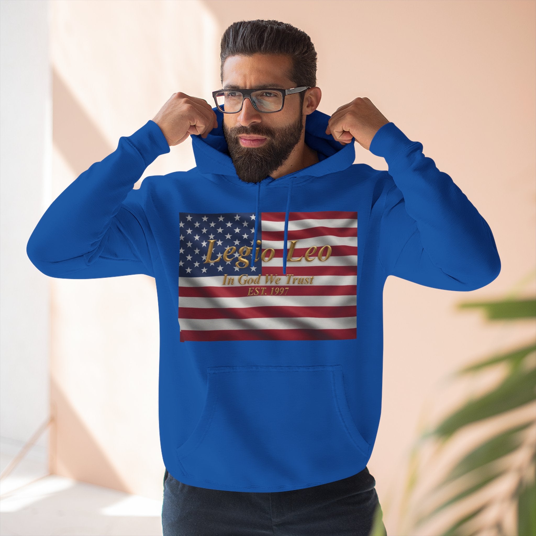 Legio Leo American Flag Fleece Hoodie – Minimal Gold Script Pullover