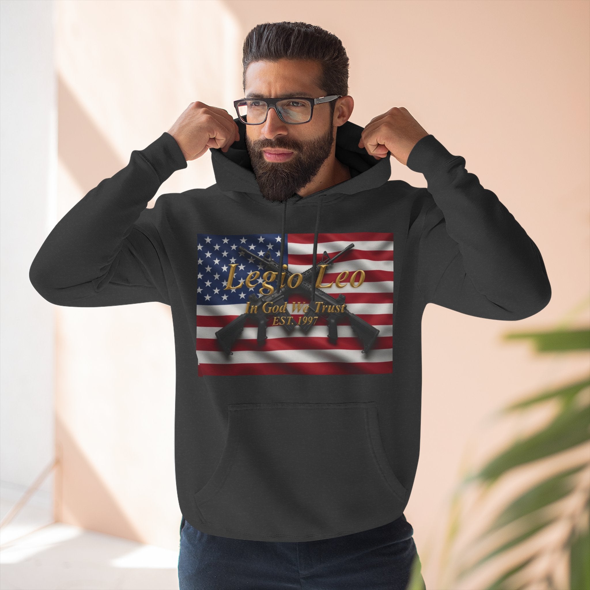 Legio Leo American Flag Fleece Hoodie – Minimal Gold Script Pullover Warrior Design