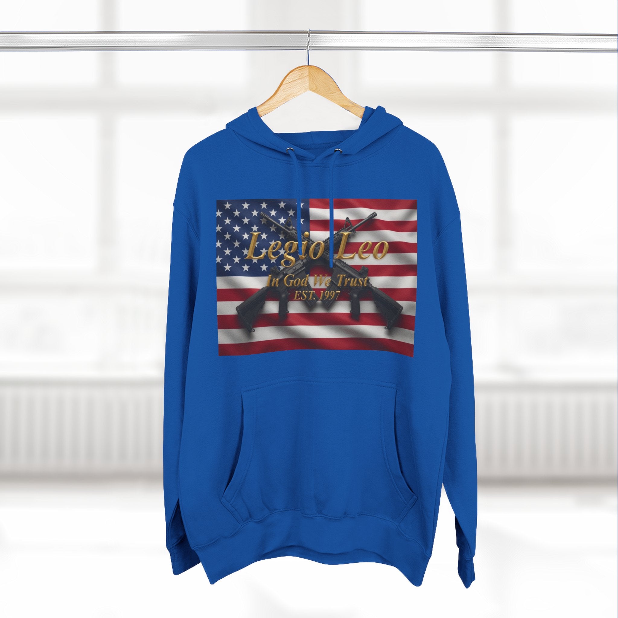 Legio Leo American Flag Fleece Hoodie – Minimal Gold Script Pullover Warrior Design