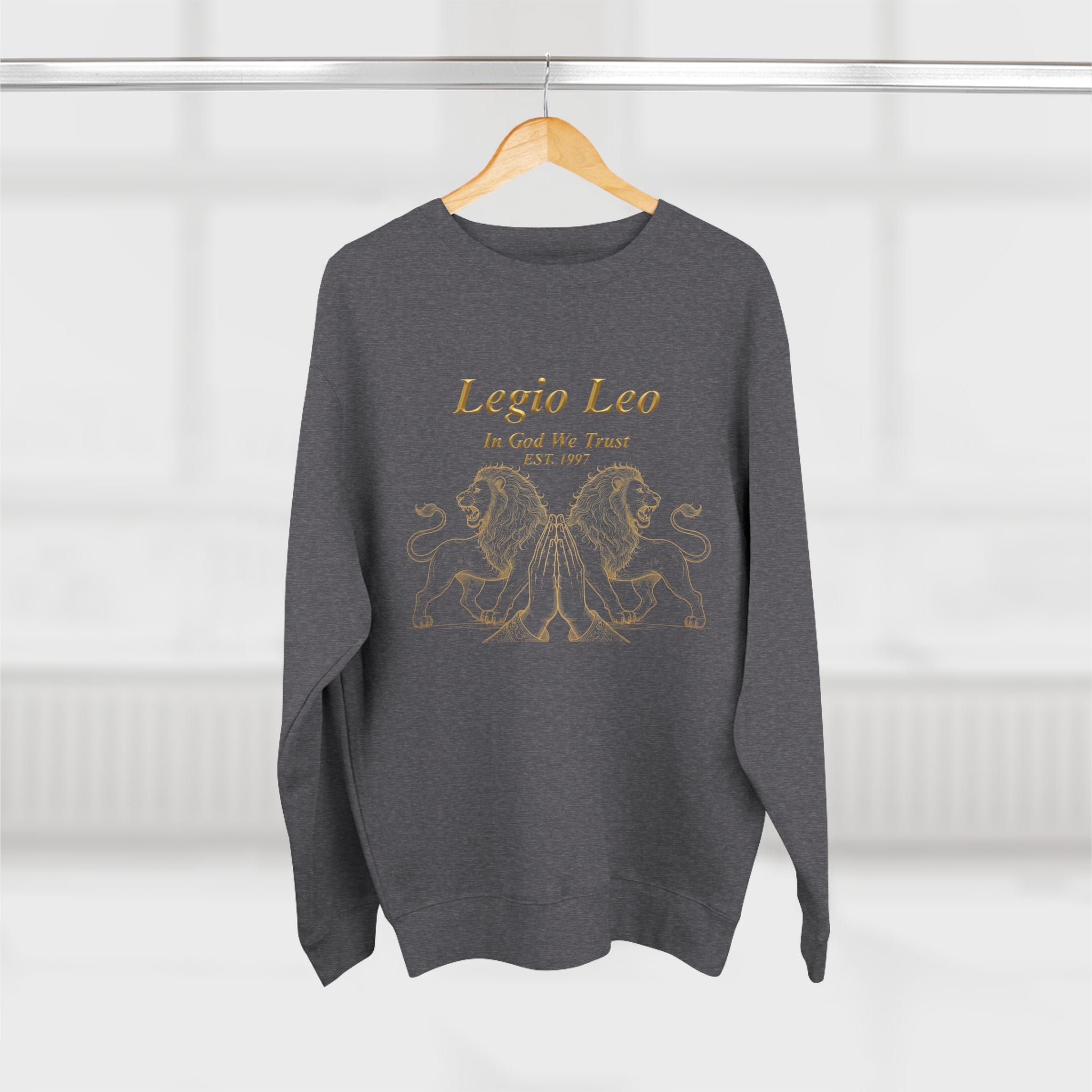 Legio Leo Crewneck Sweatshirt — Classic Latin Crest “In God We Trust” Graphic