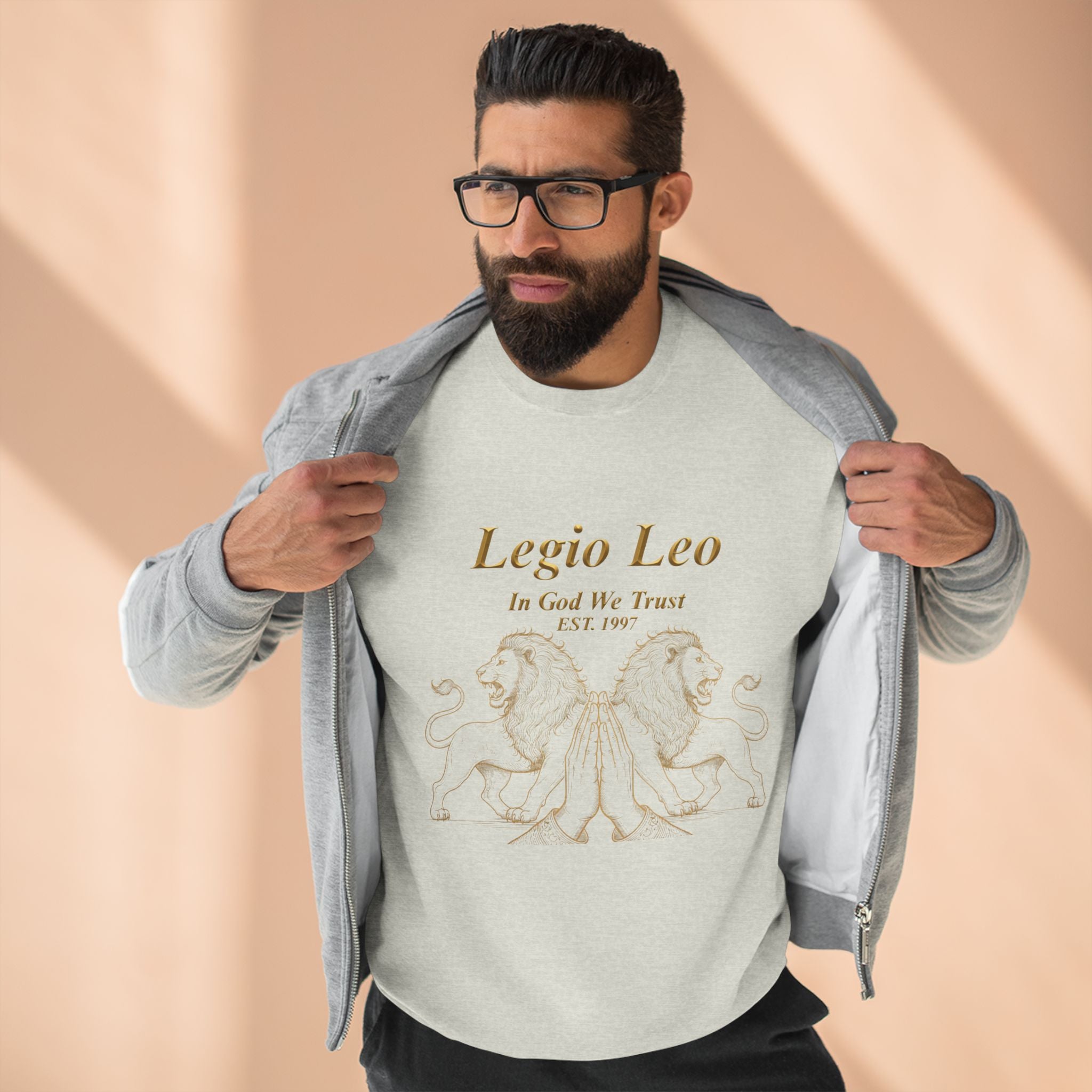 Legio Leo Crewneck Sweatshirt — Classic Latin Crest “In God We Trust” Graphic