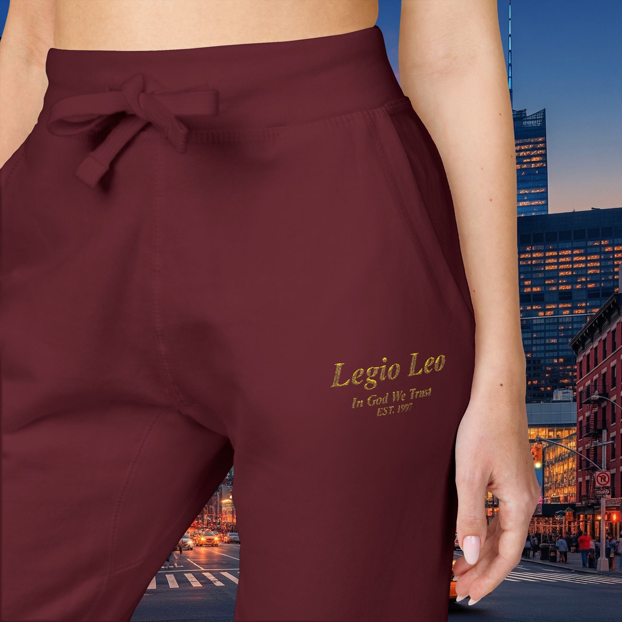Legio Leo Sweatpants — In God We Trust Embroidery Design Cozy Fleece Joggers