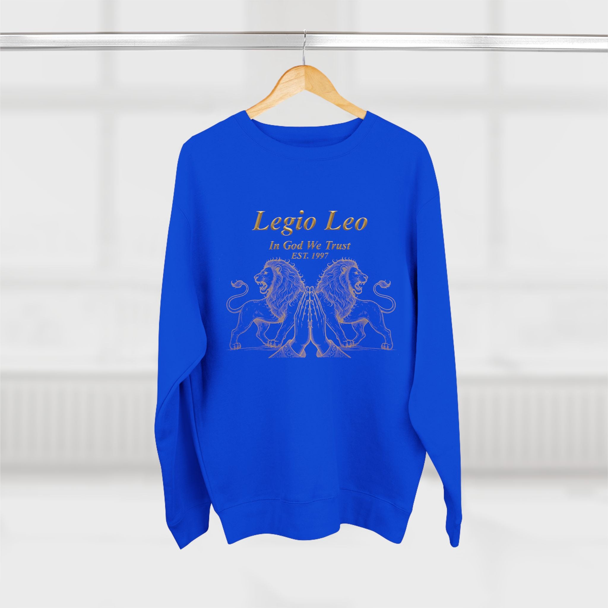Legio Leo Crewneck Sweatshirt — Classic Latin Crest “In God We Trust” Graphic