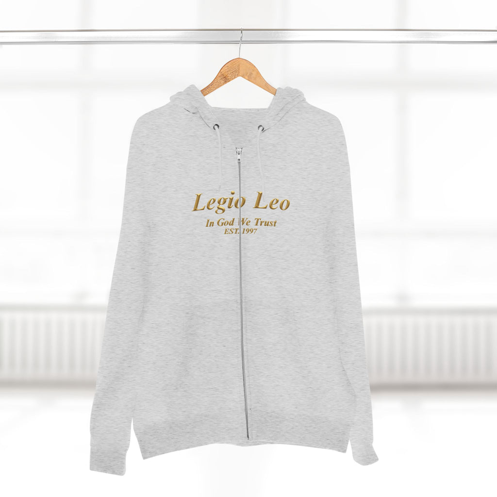 Zip Hoodie — Legio Leo Lion & Skull Graphic Zip-Up with “In God We Trust” Text