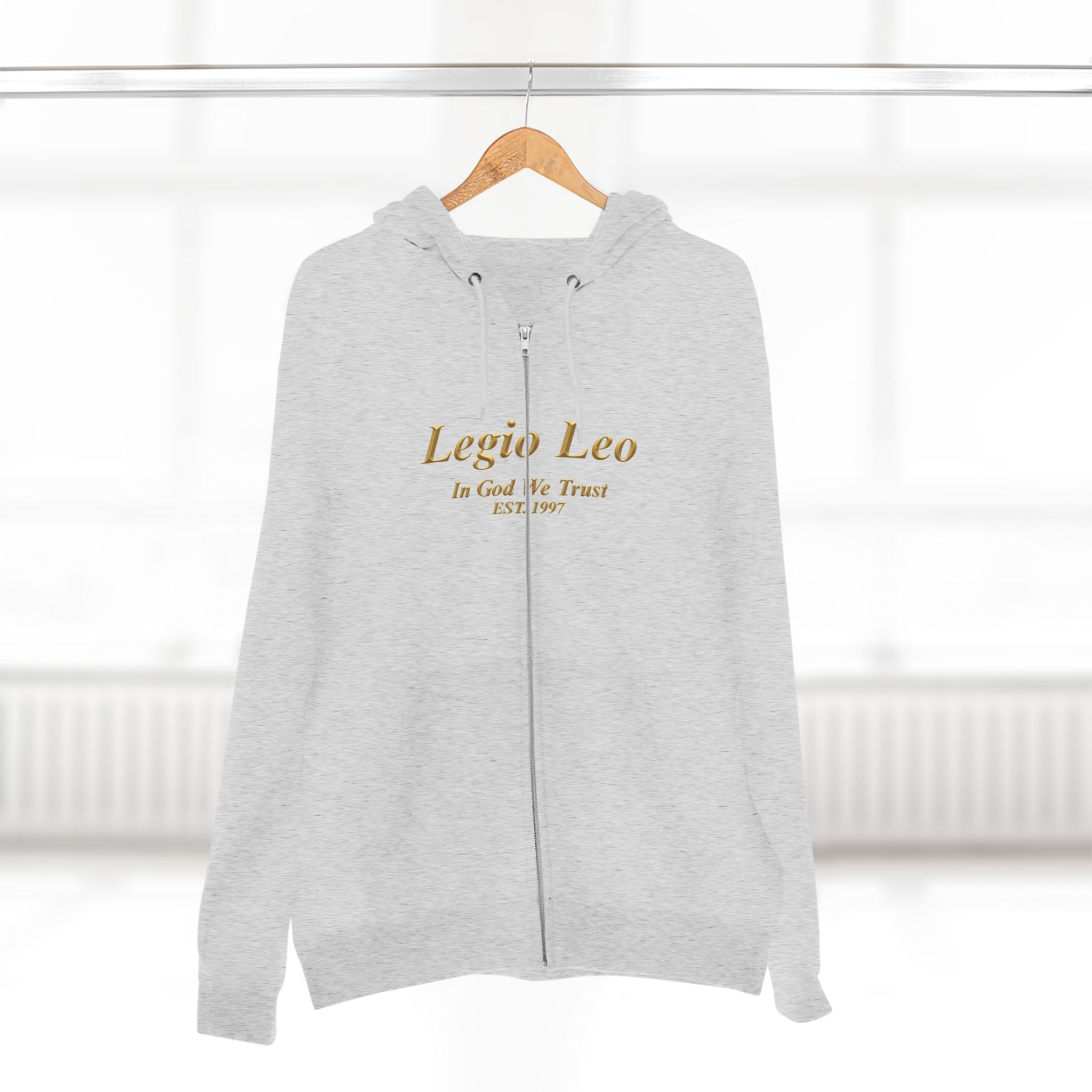 Zip Hoodie — Legio Leo Lion & Skull Graphic Zip-Up with “In God We Trust” Text