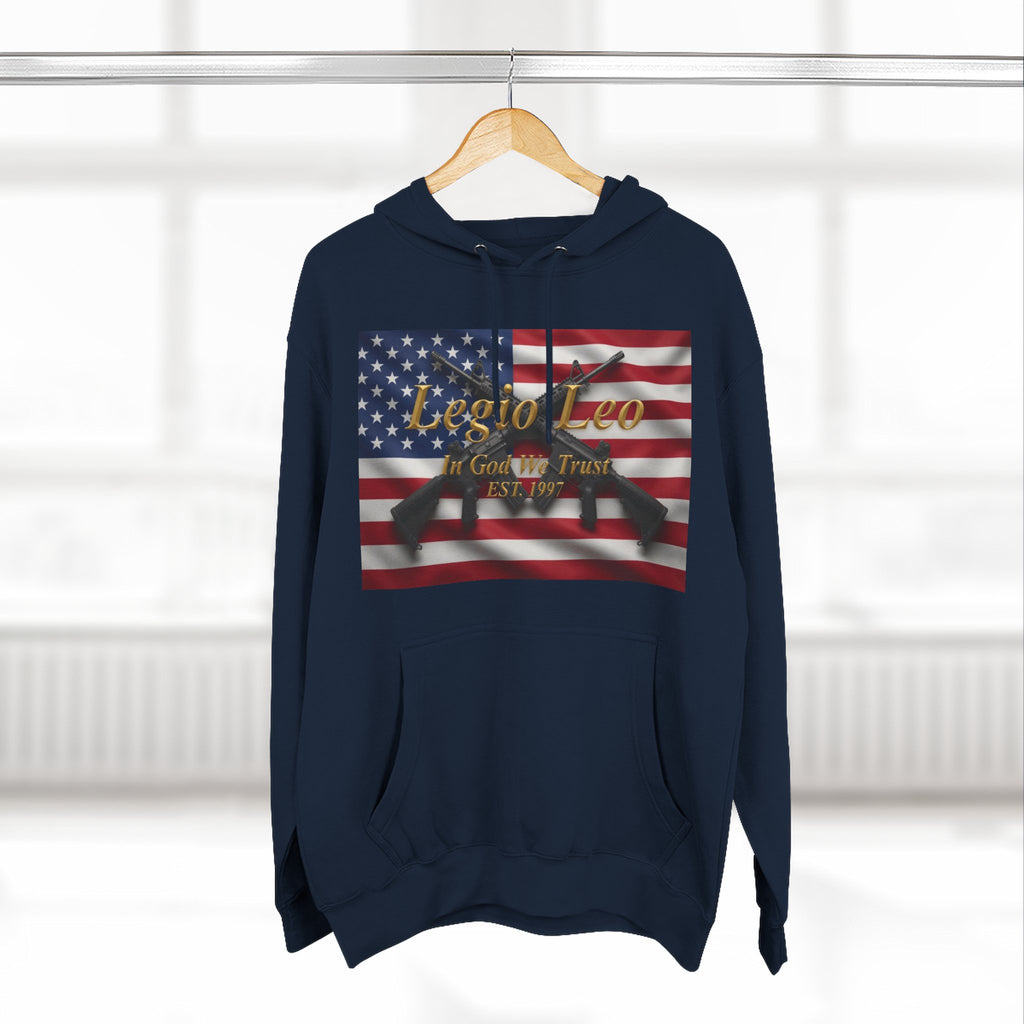 Legio Leo American Flag Fleece Hoodie – Minimal Gold Script Pullover Warrior Design