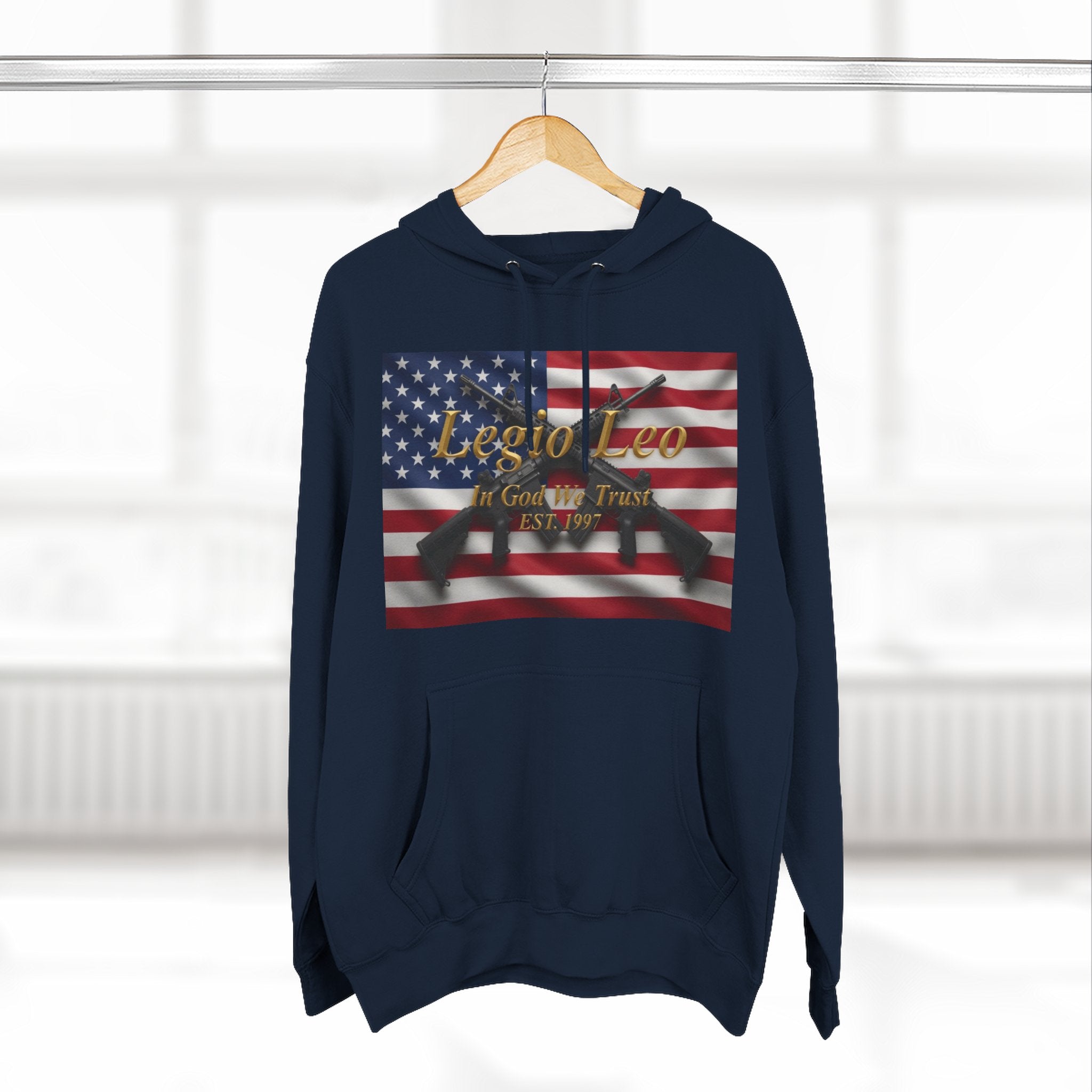 Legio Leo American Flag Fleece Hoodie – Minimal Gold Script Pullover Warrior Design