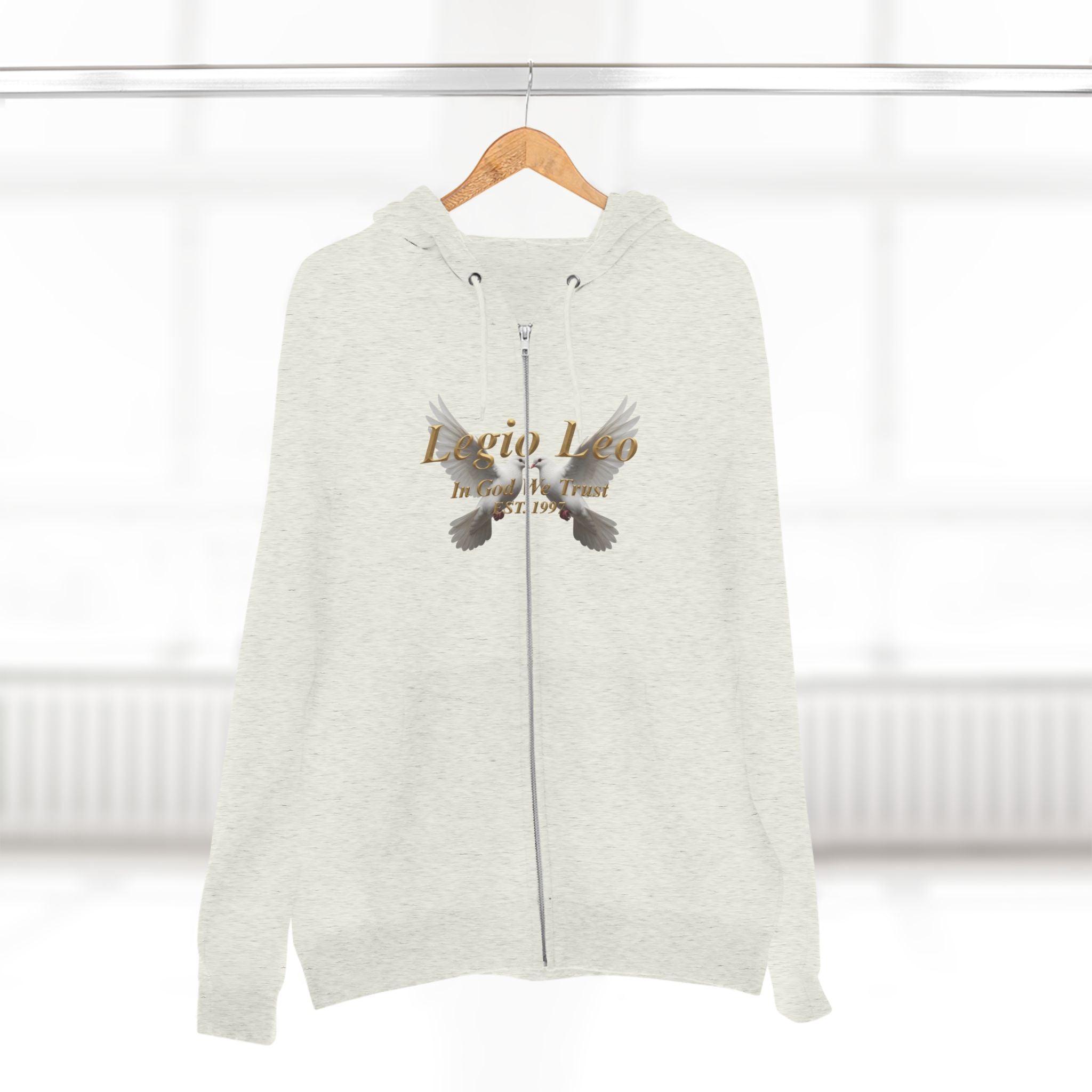 Leo Zodiac Zip Hoodie — 'Legio Leo— In God We Trust' Script with White Doves Design