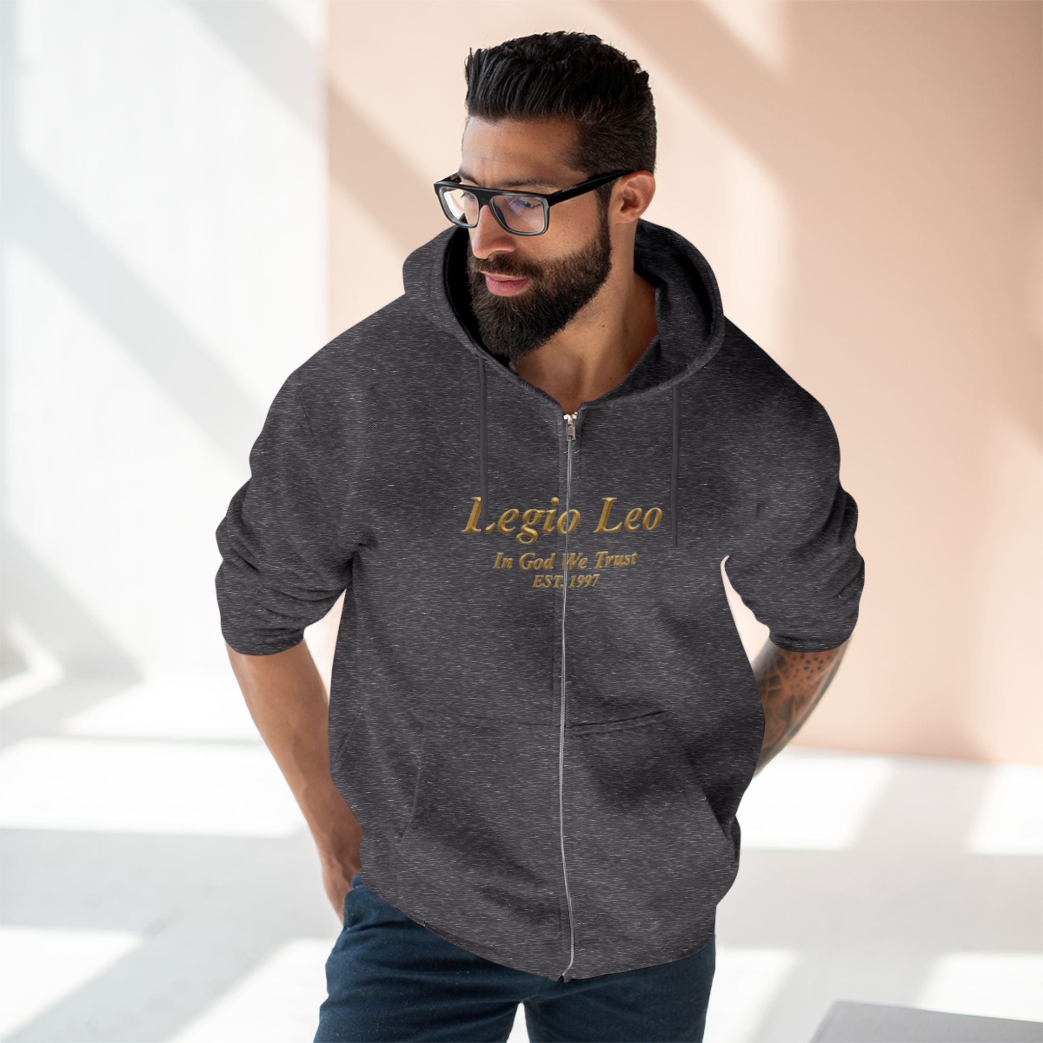 Zip Hoodie — Legio Leo Lion & Skull Graphic Zip-Up with “In God We Trust” Text