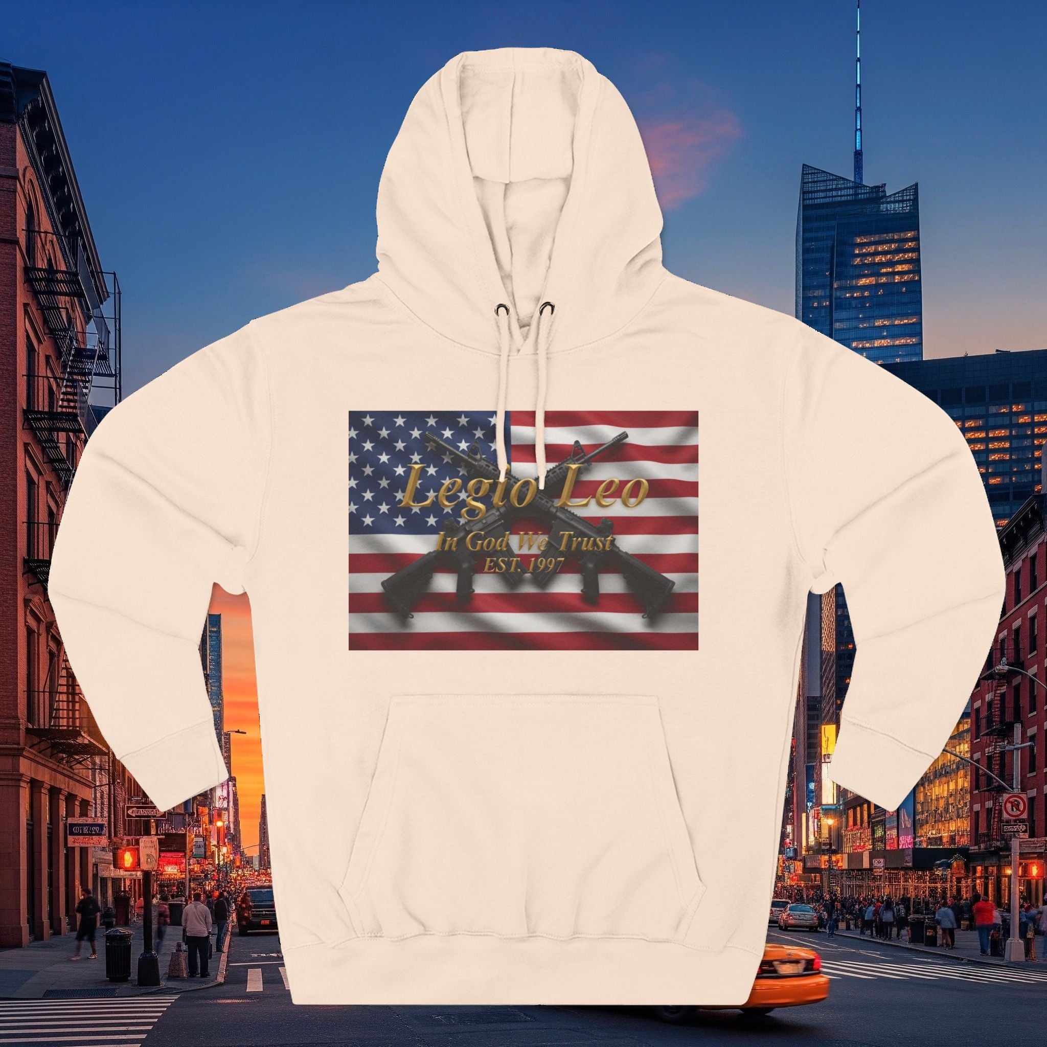 Legio Leo American Flag Fleece Hoodie – Minimal Gold Script Pullover Warrior Design