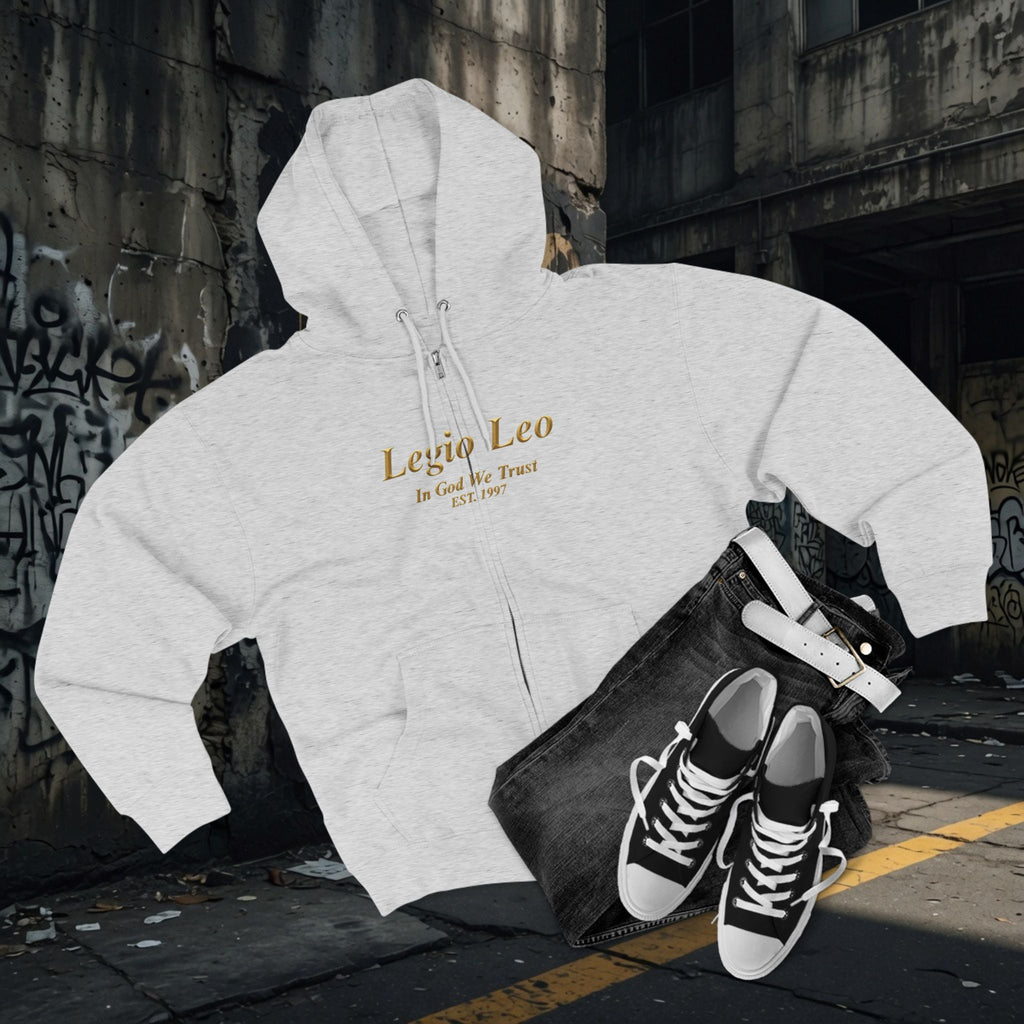 Zip Hoodie — Legio Leo Lion & Skull Graphic Zip-Up with “In God We Trust” Text
