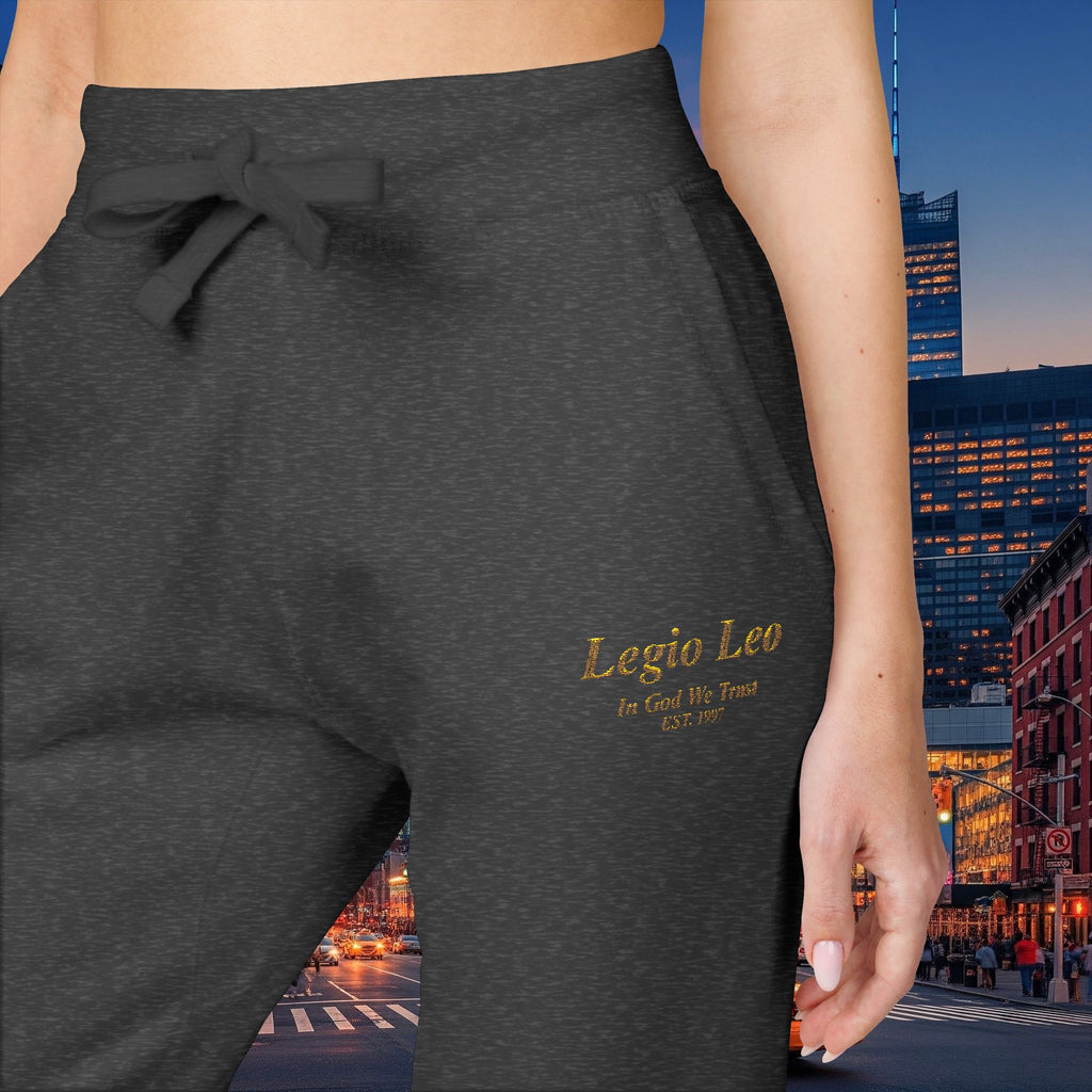 Legio Leo Sweatpants — In God We Trust Embroidery Design Cozy Fleece Joggers