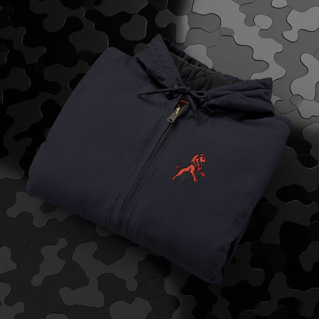 Work Jacket — Embroidered Lion Emblem Hooded Duck Cloth Jacket