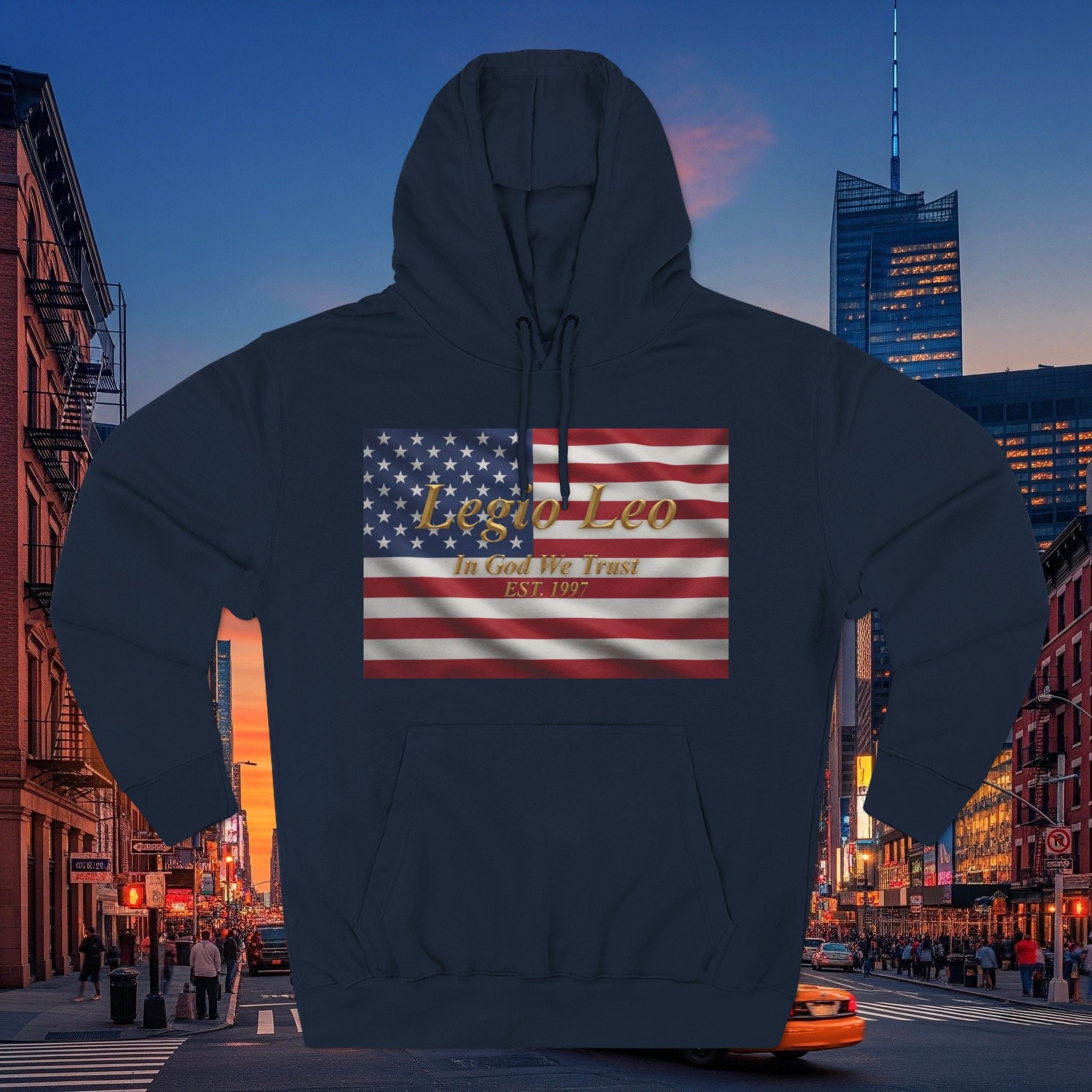 Legio Leo American Flag Fleece Hoodie – Minimal Gold Script Pullover