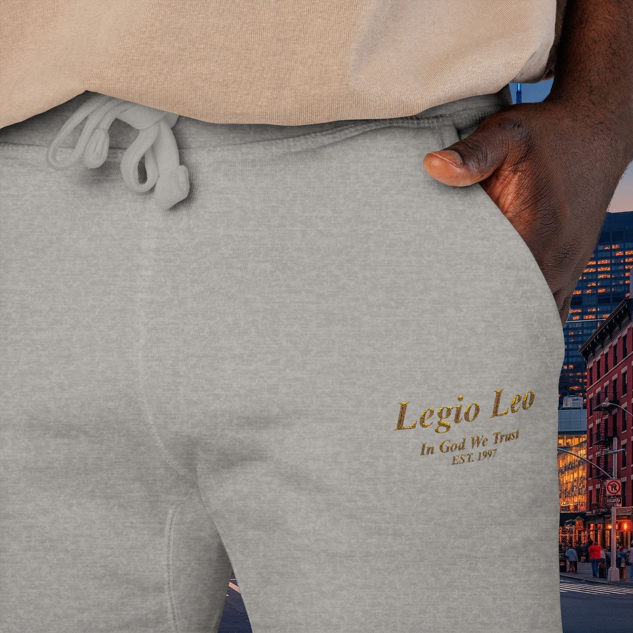 Legio Leo Sweatpants — In God We Trust Embroidery Design Cozy Fleece Joggers