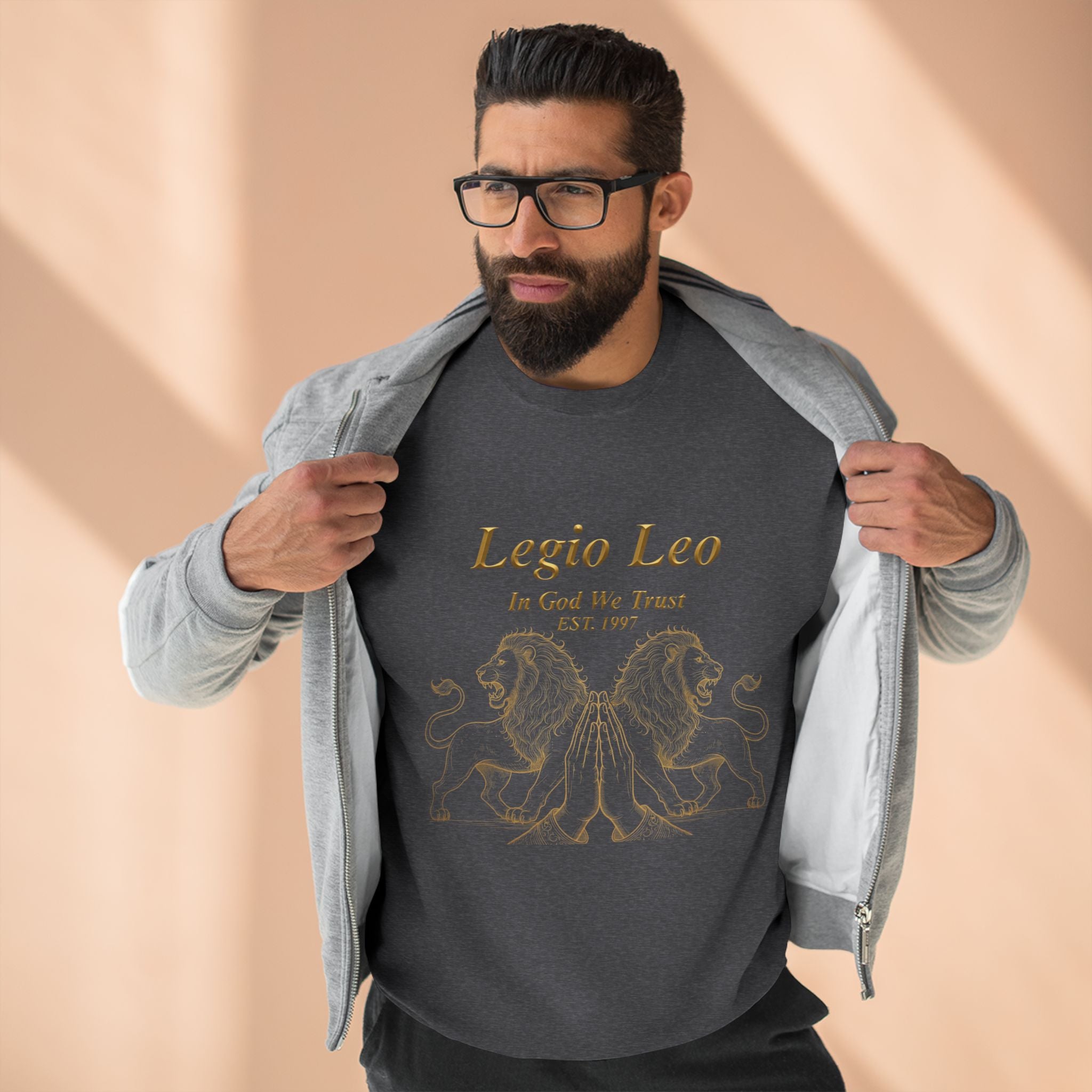 Legio Leo Crewneck Sweatshirt — Classic Latin Crest “In God We Trust” Graphic