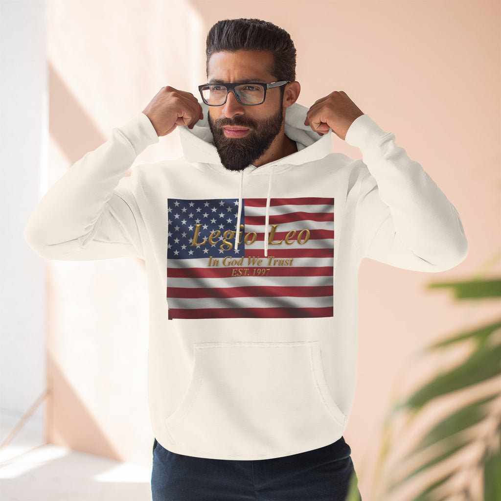 Legio Leo American Flag Fleece Hoodie – Minimal Gold Script Pullover