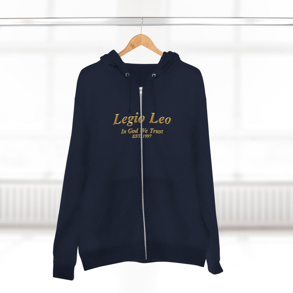 Zip Hoodie — Legio Leo Lion & Skull Graphic Zip-Up with “In God We Trust” Text