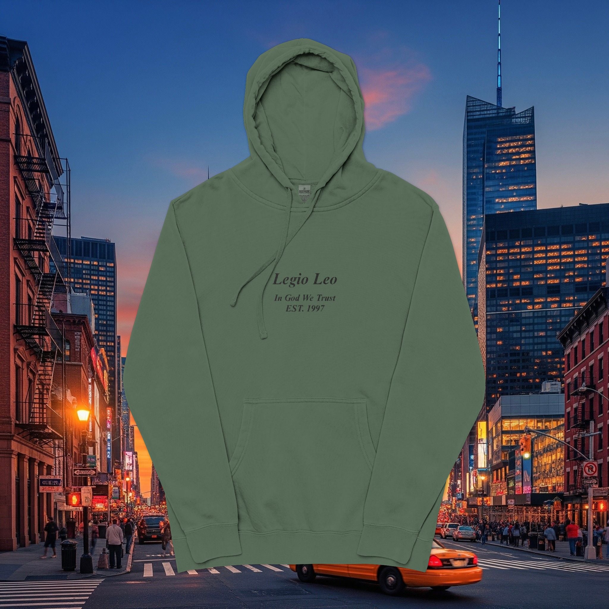 Minimal Olive Pigment-Dyed Hoodie — Subtle Script "Legio Leo" Design