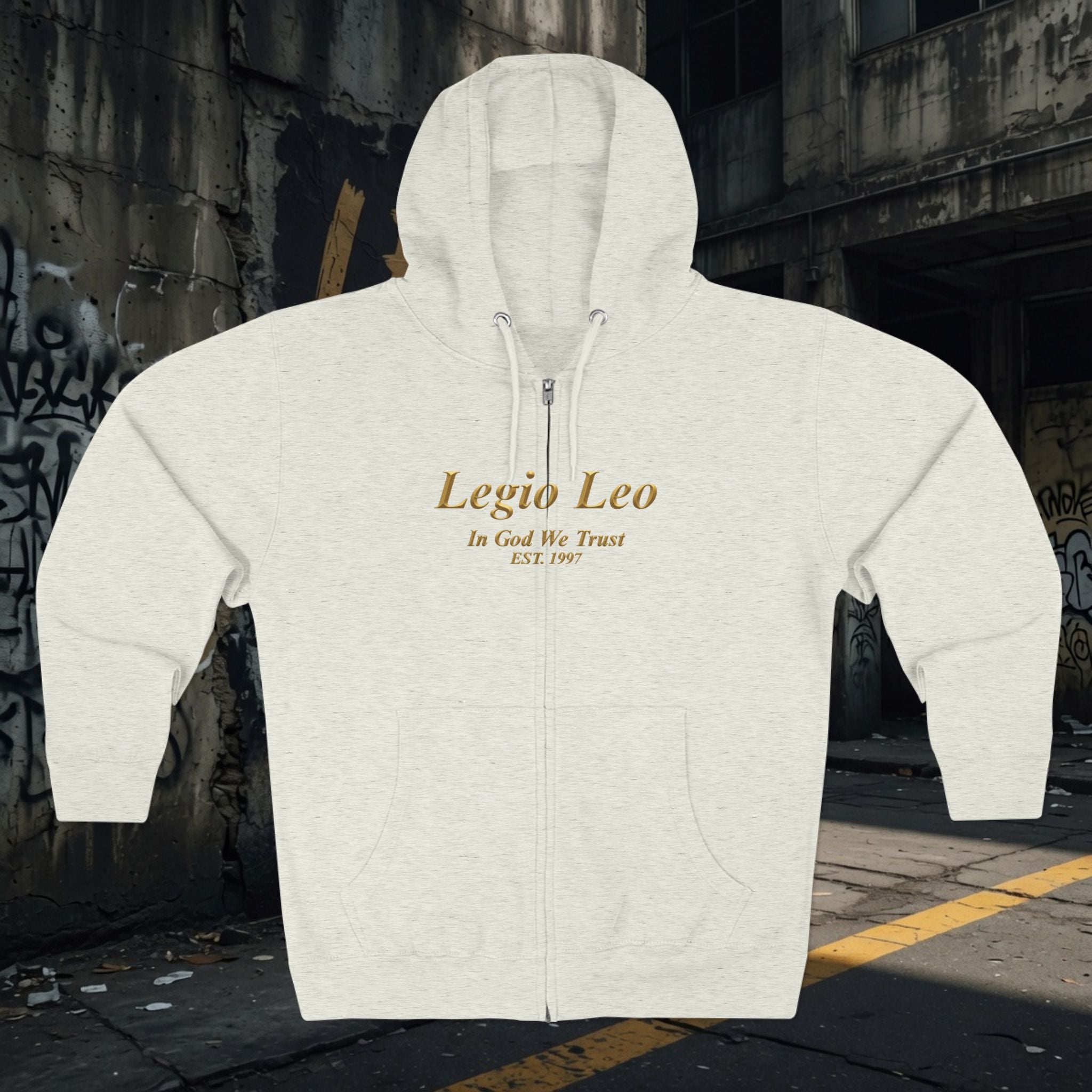 Zip Hoodie — Legio Leo Lion & Skull Graphic Zip-Up with “In God We Trust” Text