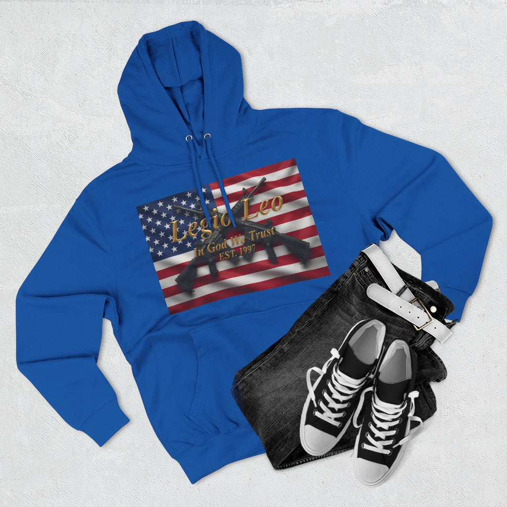 Legio Leo American Flag Fleece Hoodie – Minimal Gold Script Pullover Warrior Design