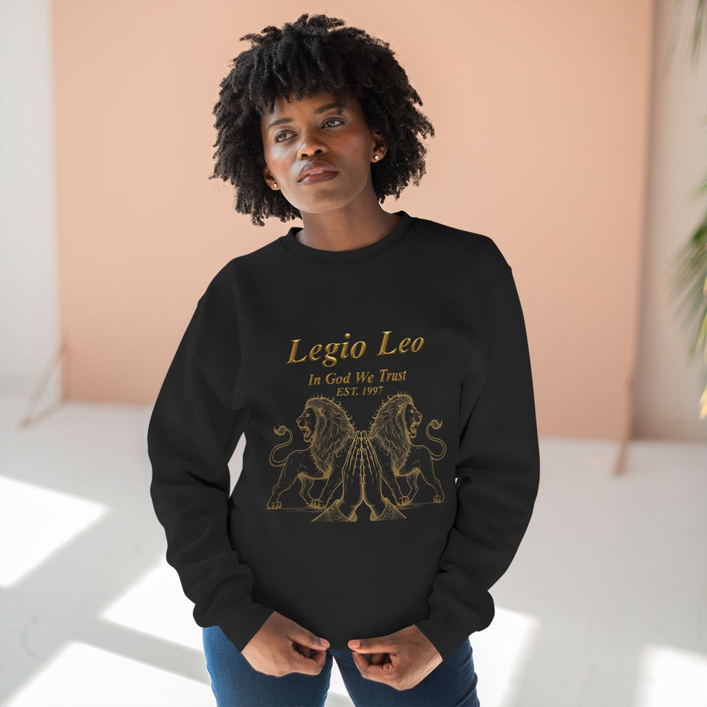 Legio Leo Crewneck Sweatshirt — Classic Latin Crest “In God We Trust” Graphic