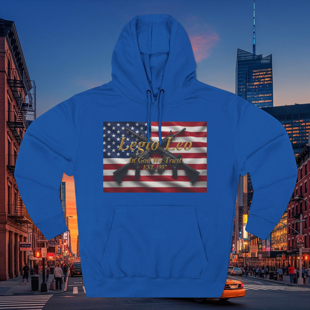 Legio Leo American Flag Fleece Hoodie – Minimal Gold Script Pullover Warrior Design