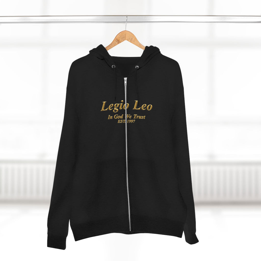Zip Hoodie — Legio Leo Lion & Skull Graphic Zip-Up with “In God We Trust” Text