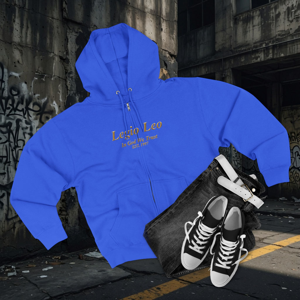 Zip Hoodie — Legio Leo Lion & Skull Graphic Zip-Up with “In God We Trust” Text