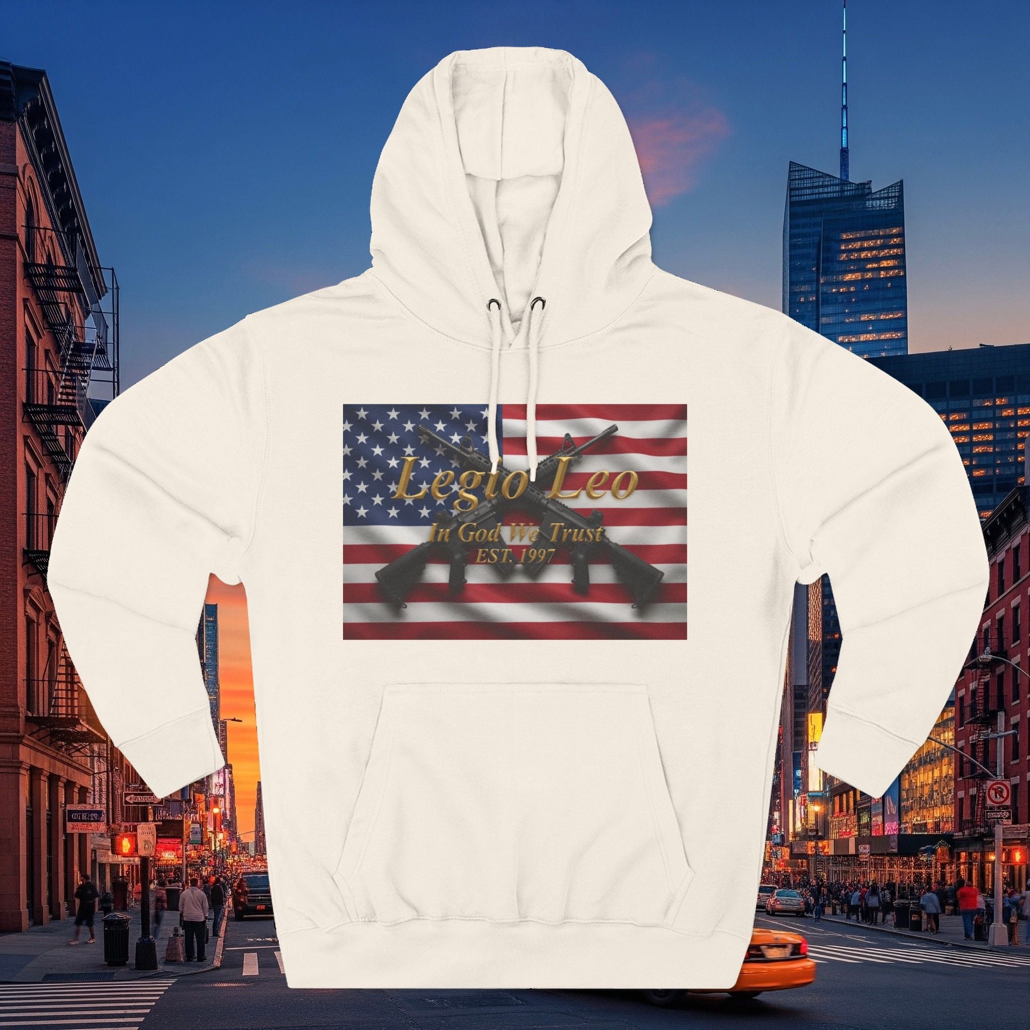 Legio Leo American Flag Fleece Hoodie – Minimal Gold Script Pullover Warrior Design