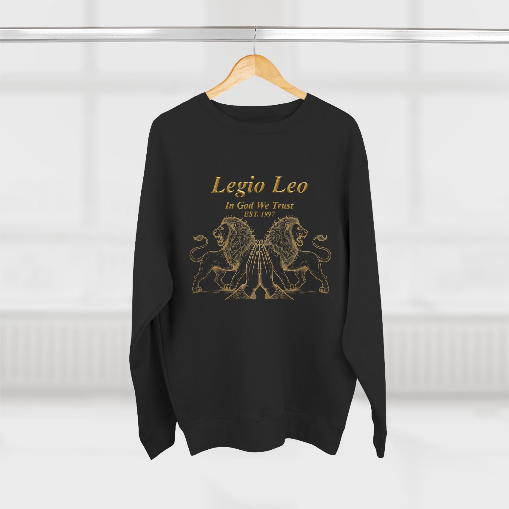 Legio Leo Crewneck Sweatshirt — Classic Latin Crest “In God We Trust” Graphic
