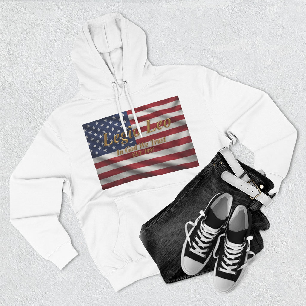Legio Leo American Flag Fleece Hoodie – Minimal Gold Script Pullover
