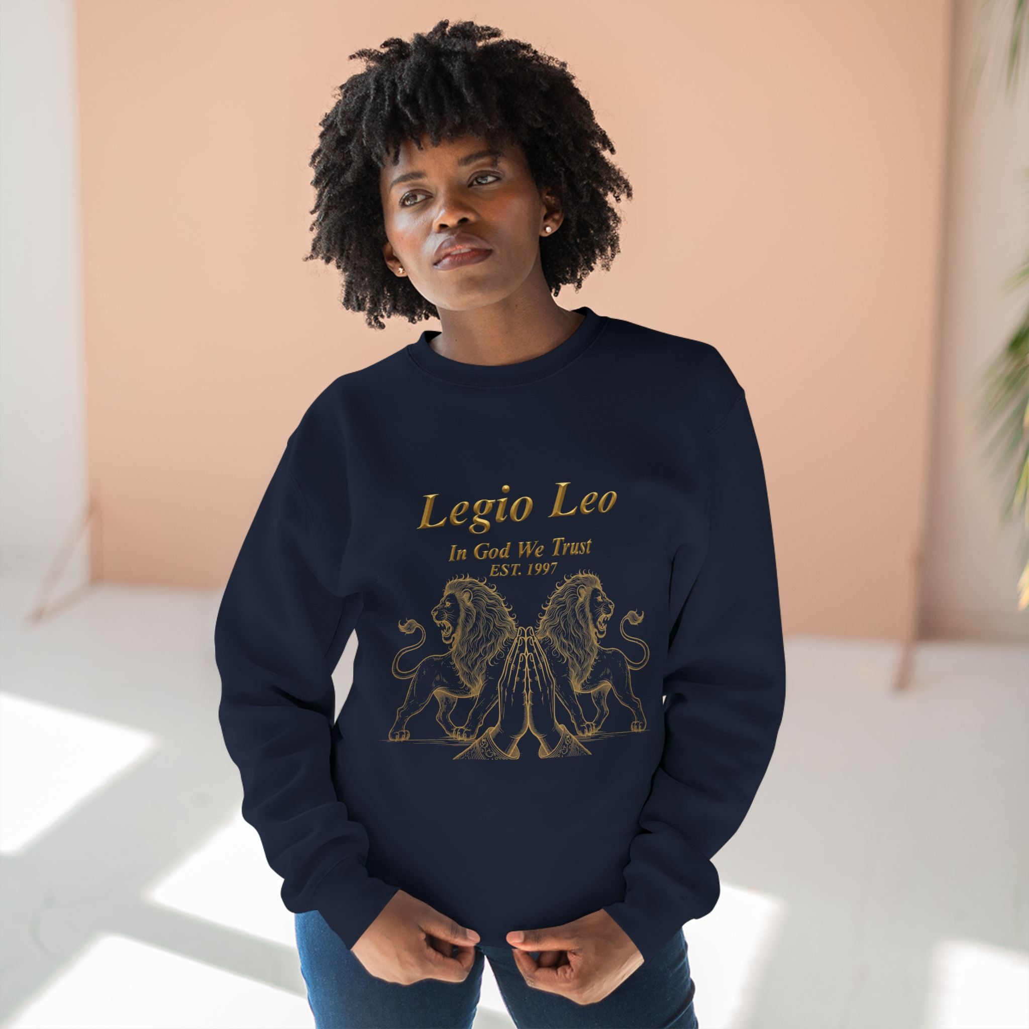 Legio Leo Crewneck Sweatshirt — Classic Latin Crest “In God We Trust” Graphic