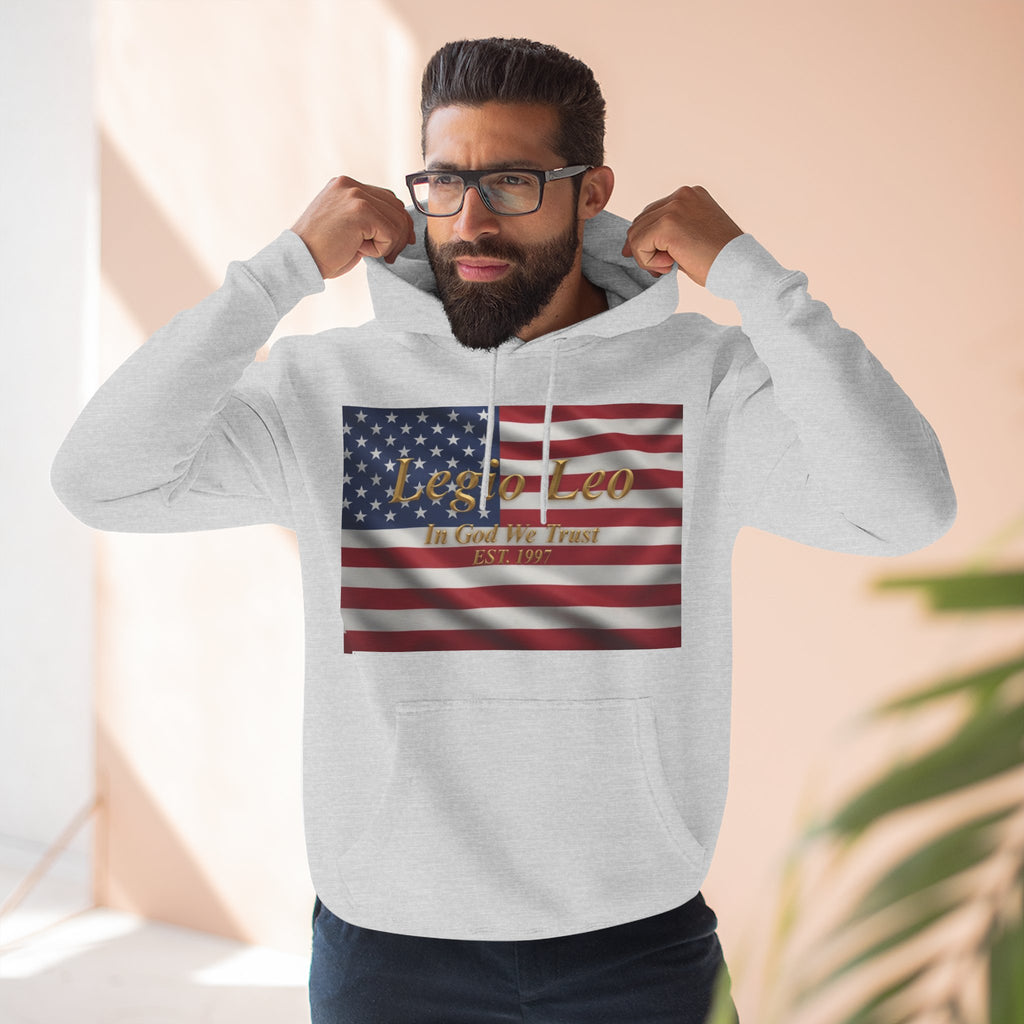 Legio Leo American Flag Fleece Hoodie – Minimal Gold Script Pullover