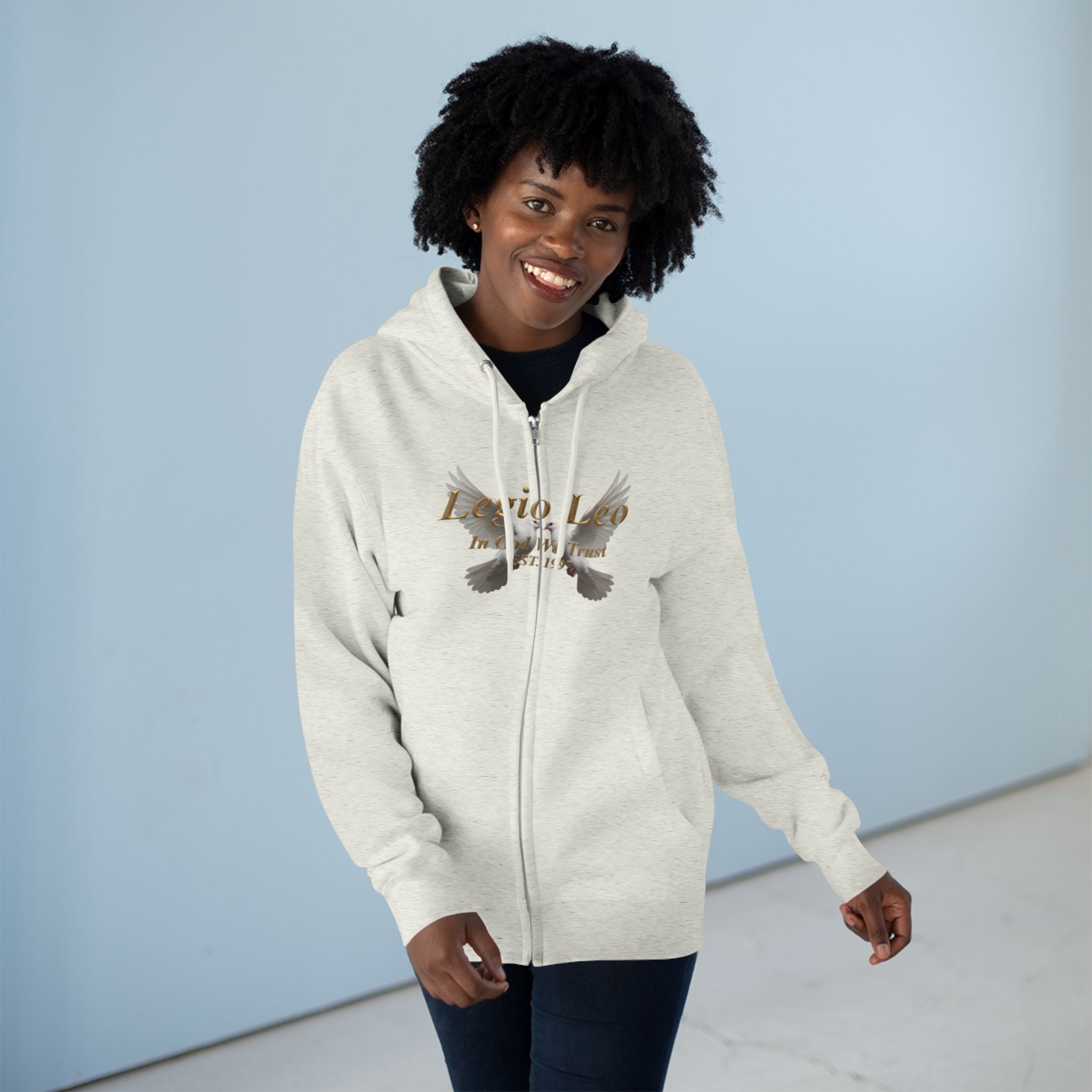 Leo Zodiac Zip Hoodie — 'Legio Leo— In God We Trust' Script with White Doves Design