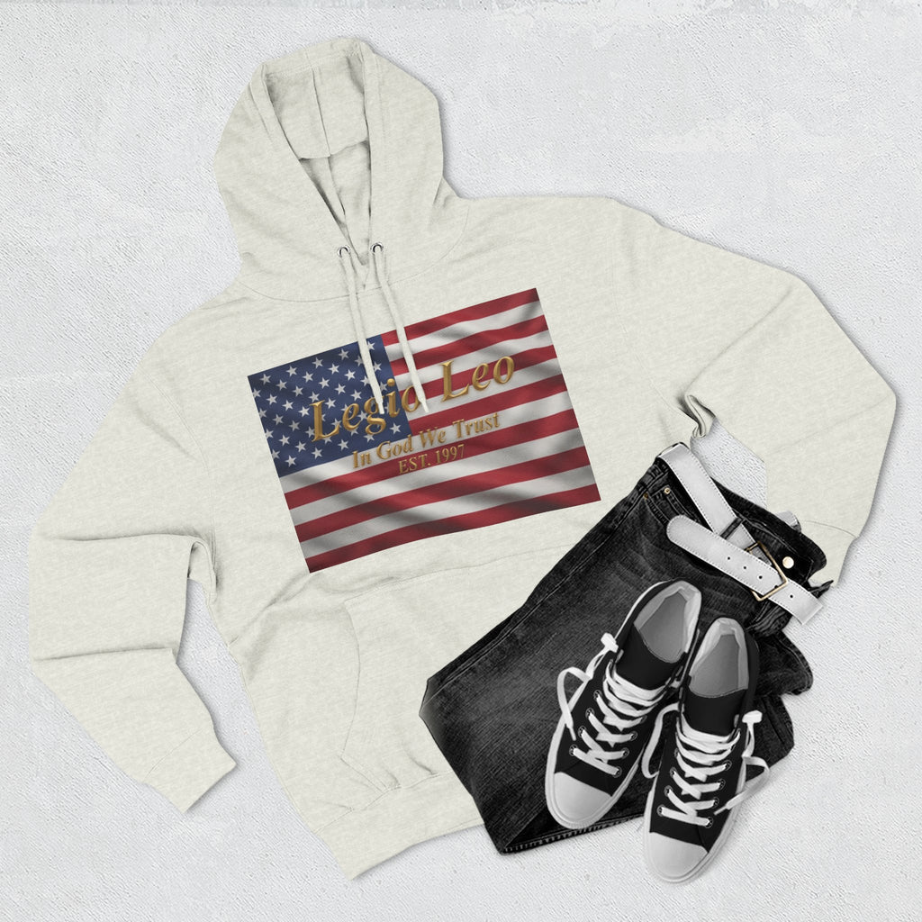 Legio Leo American Flag Fleece Hoodie – Minimal Gold Script Pullover