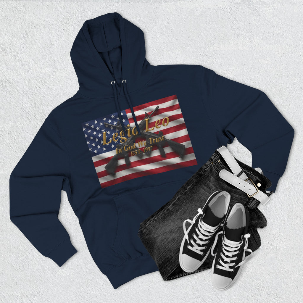 Legio Leo American Flag Fleece Hoodie – Minimal Gold Script Pullover Warrior Design