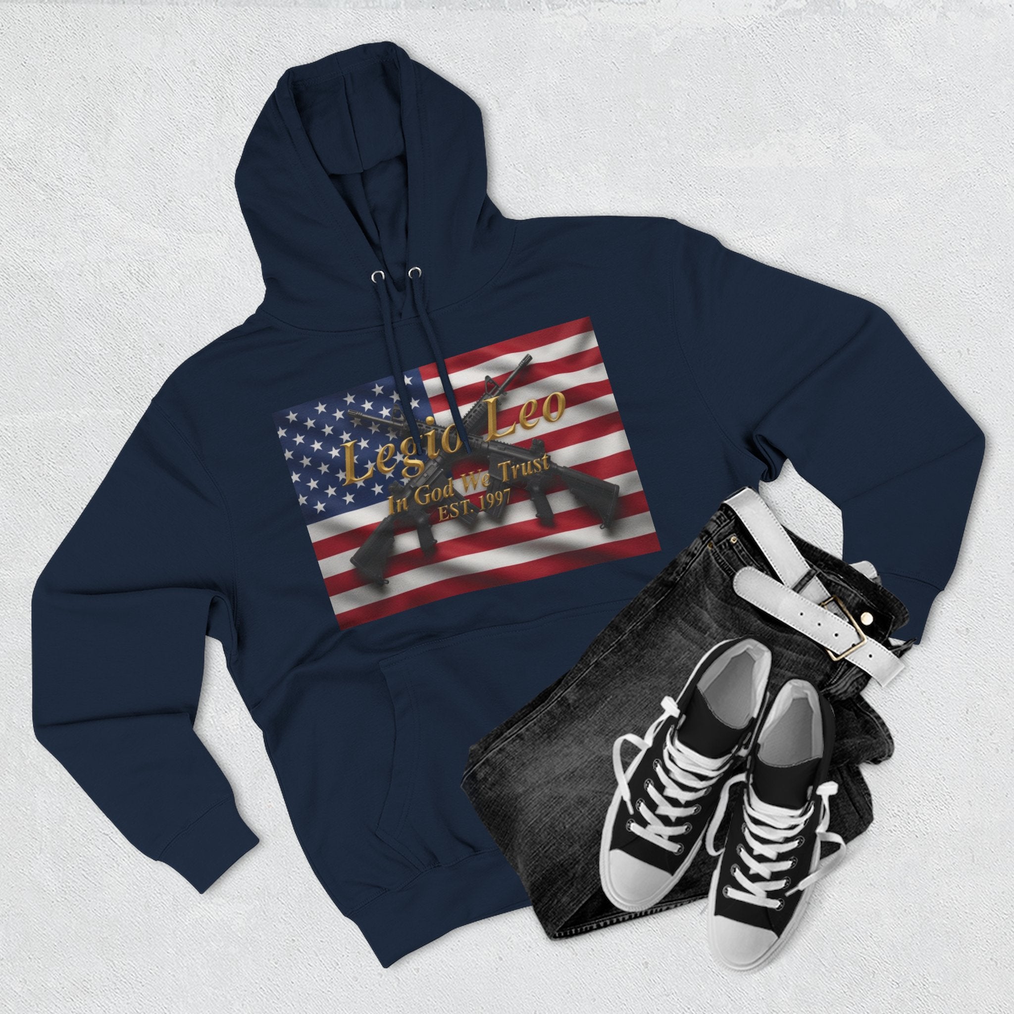 Legio Leo American Flag Fleece Hoodie – Minimal Gold Script Pullover Warrior Design