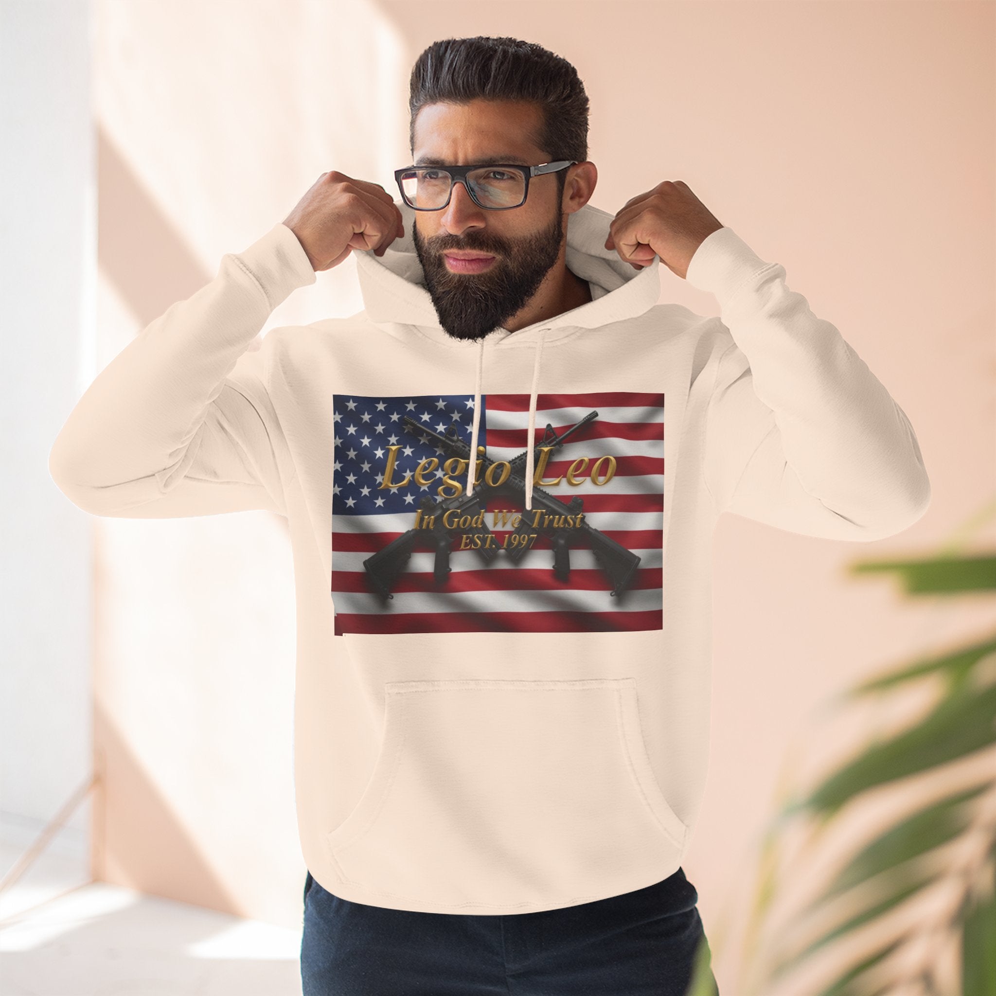 Legio Leo American Flag Fleece Hoodie – Minimal Gold Script Pullover Warrior Design