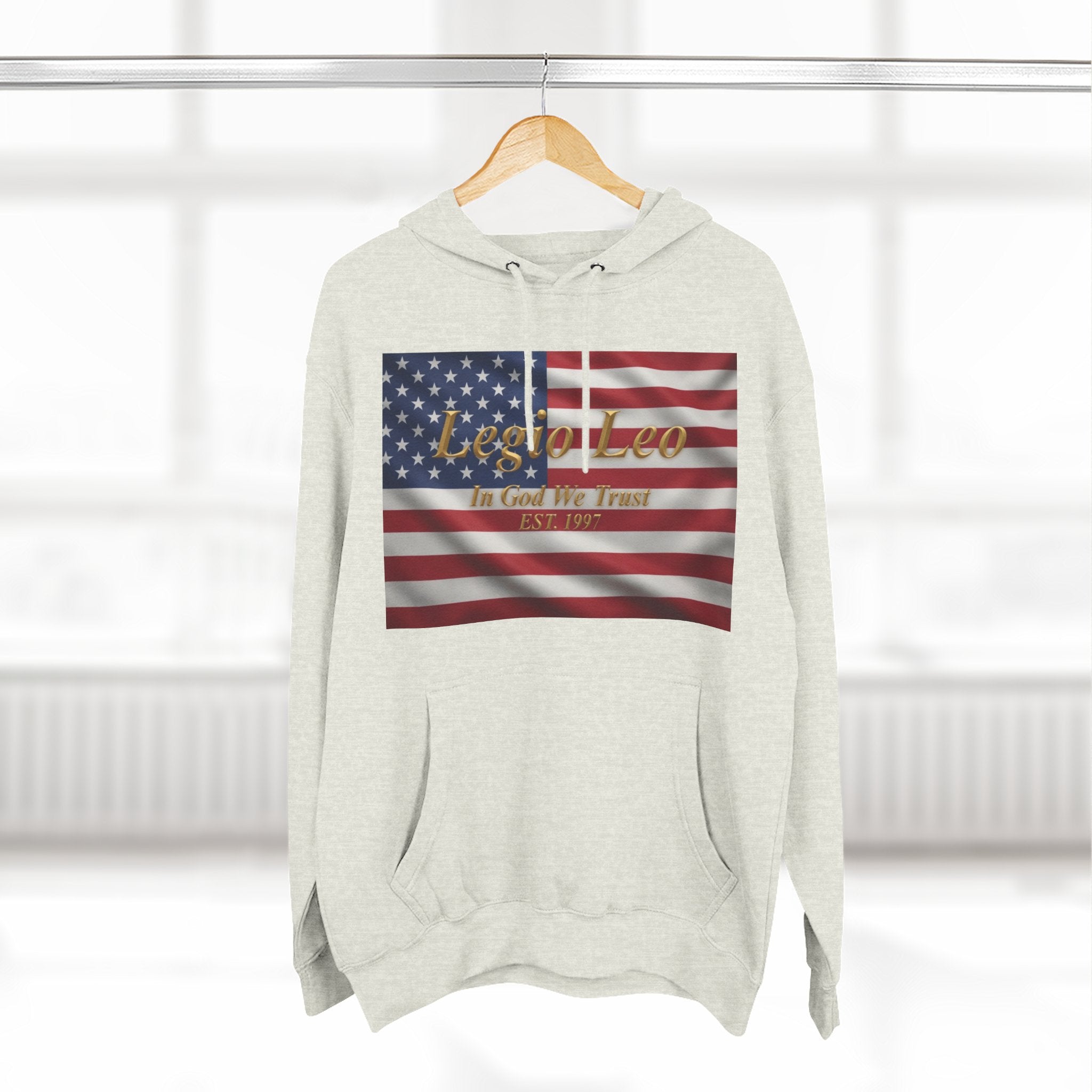 Legio Leo American Flag Fleece Hoodie – Minimal Gold Script Pullover