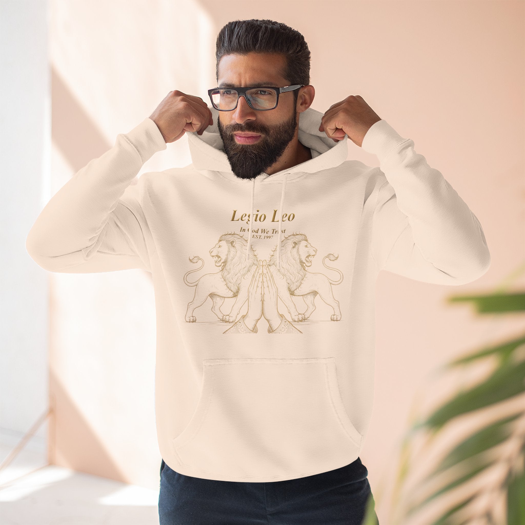 Legio Leo Fleece Hoodie – Minimal Gold Script Pullover Guardian Design