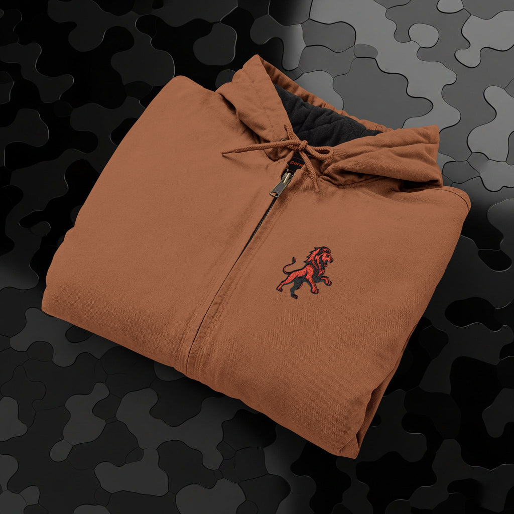 Work Jacket — Embroidered Lion Emblem Hooded Duck Cloth Jacket