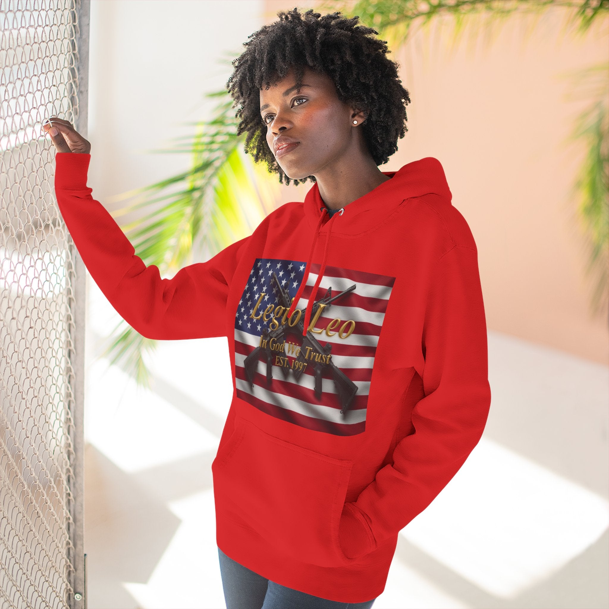 Legio Leo American Flag Fleece Hoodie – Minimal Gold Script Pullover Warrior Design